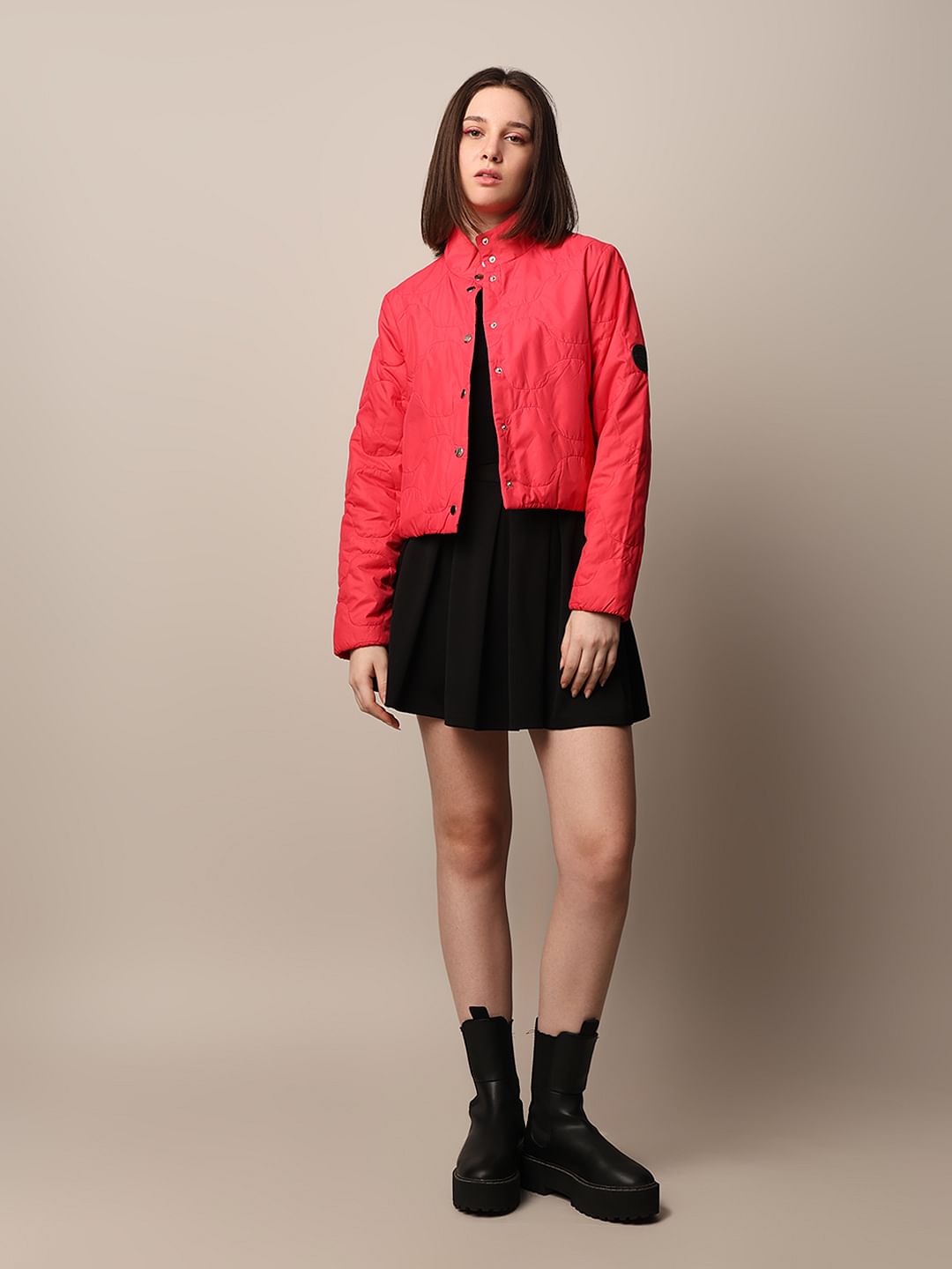 Red Cropped Quilted Puffer Jacket