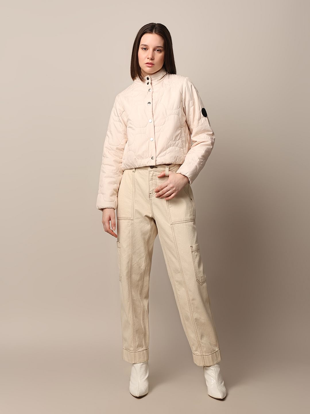 Beige Cropped Quilted Puffer Jacket