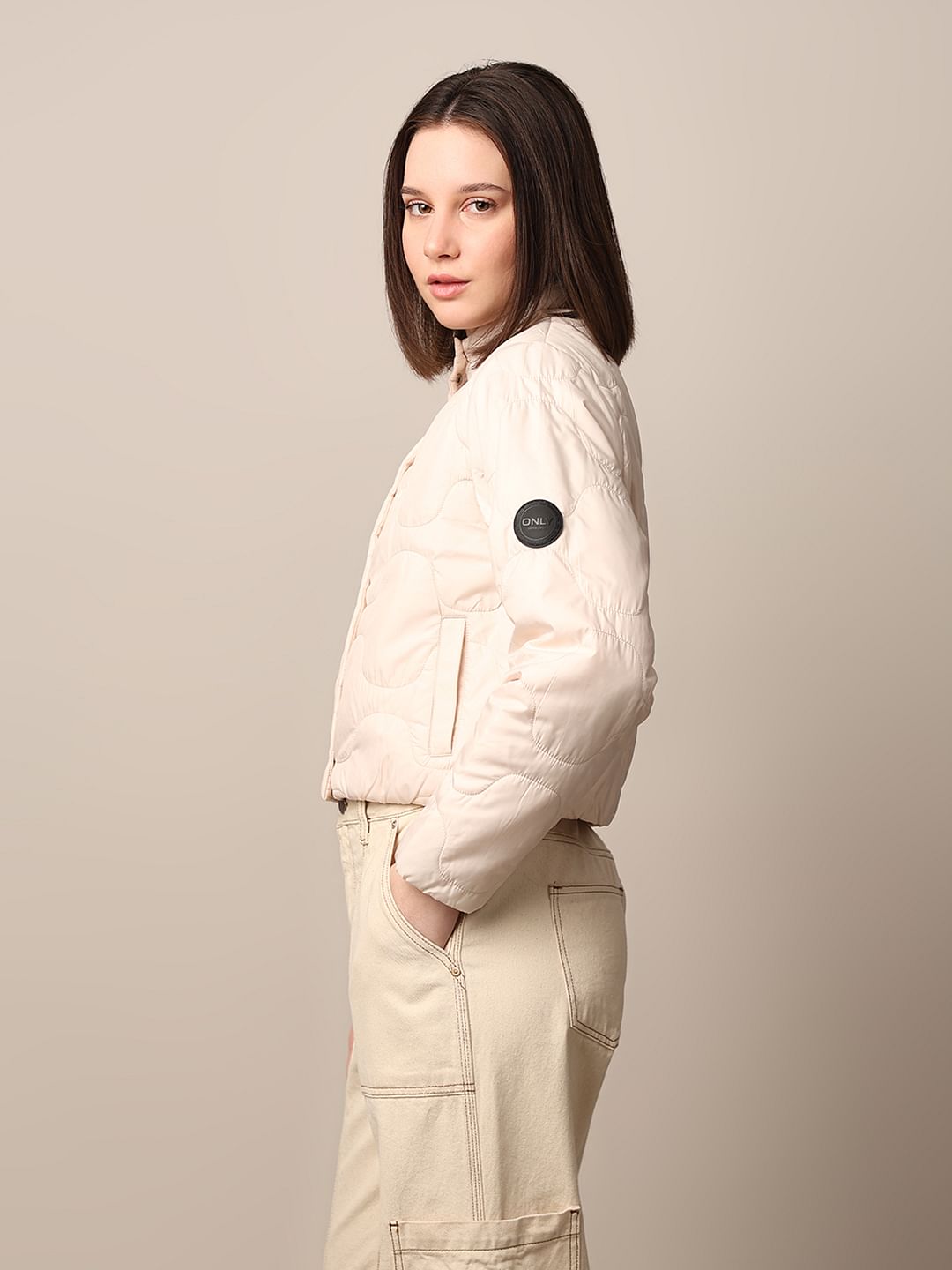 Beige Cropped Quilted Puffer Jacket