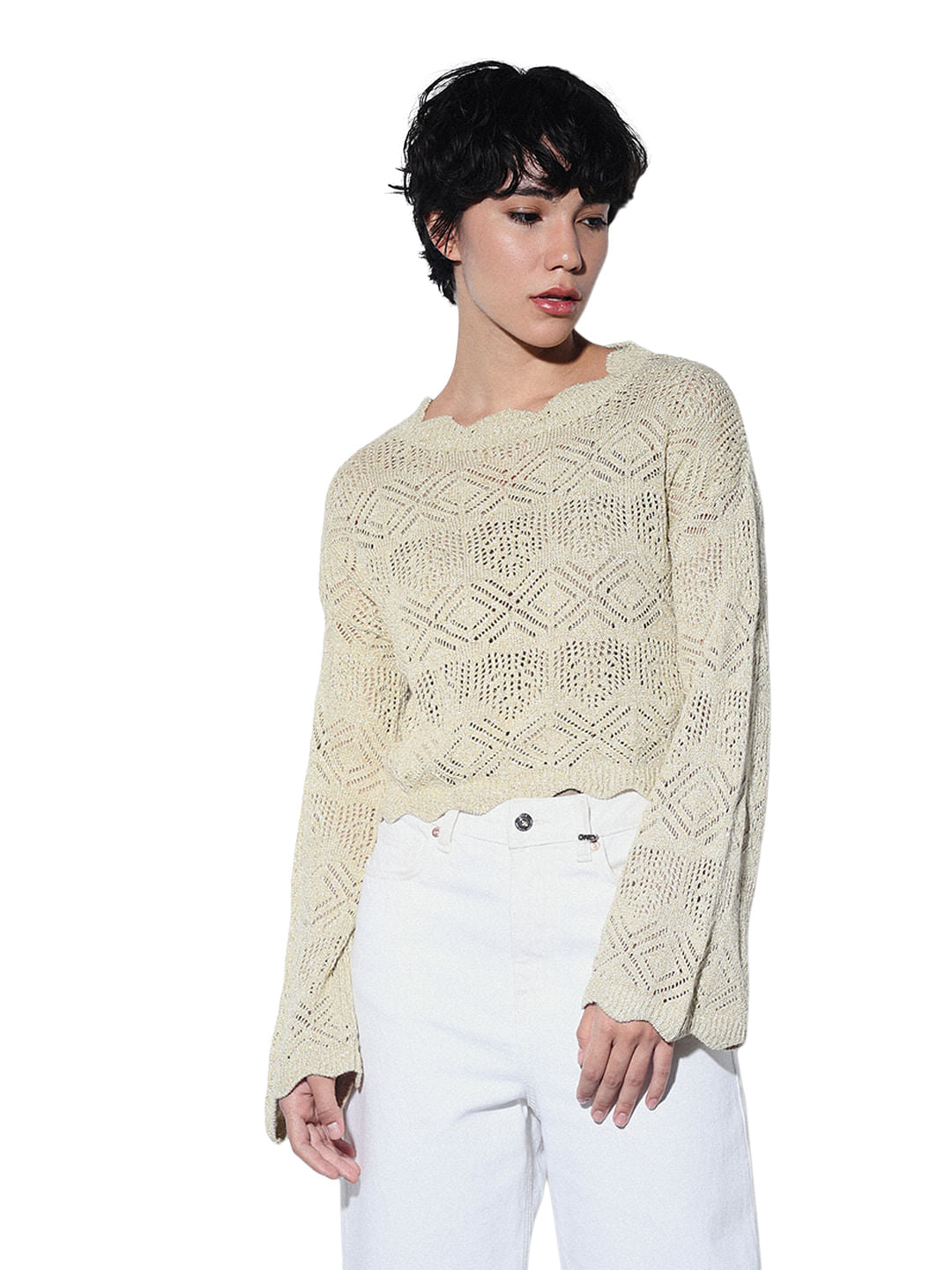 Beige Crochet Knit Pullover