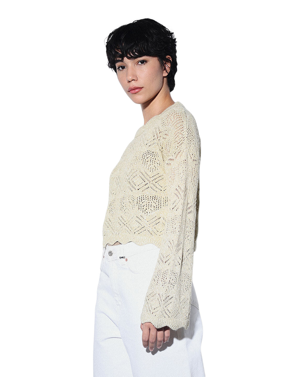 Beige Crochet Knit Pullover