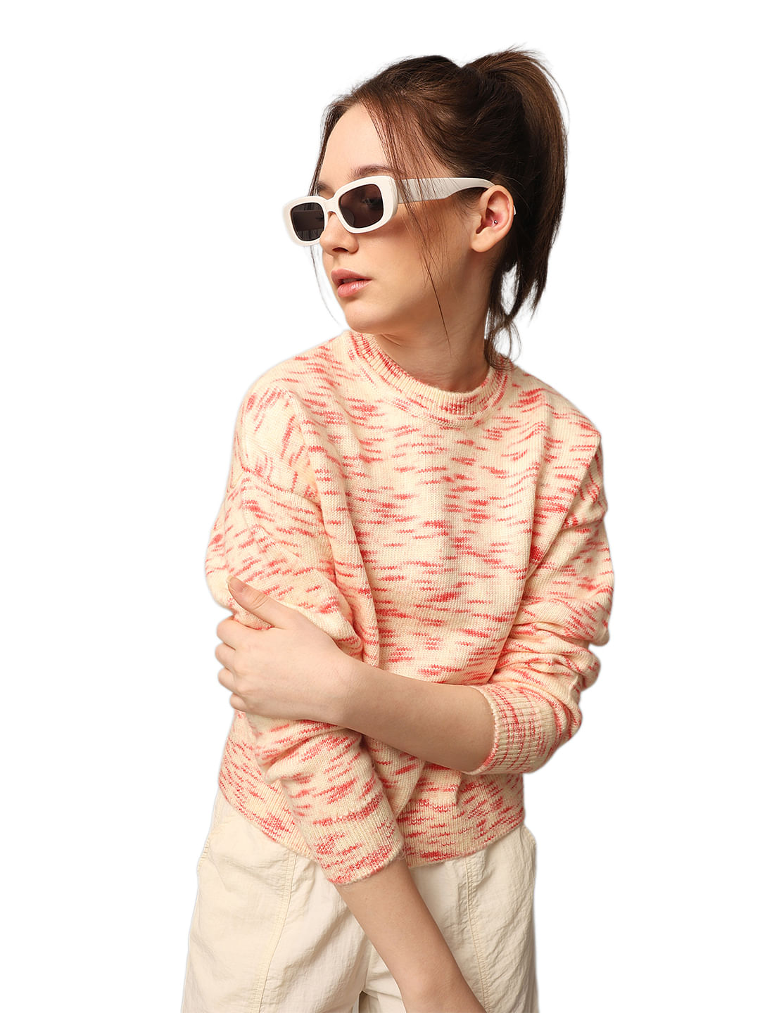 Beige Printed Rib-Knit Pullover
