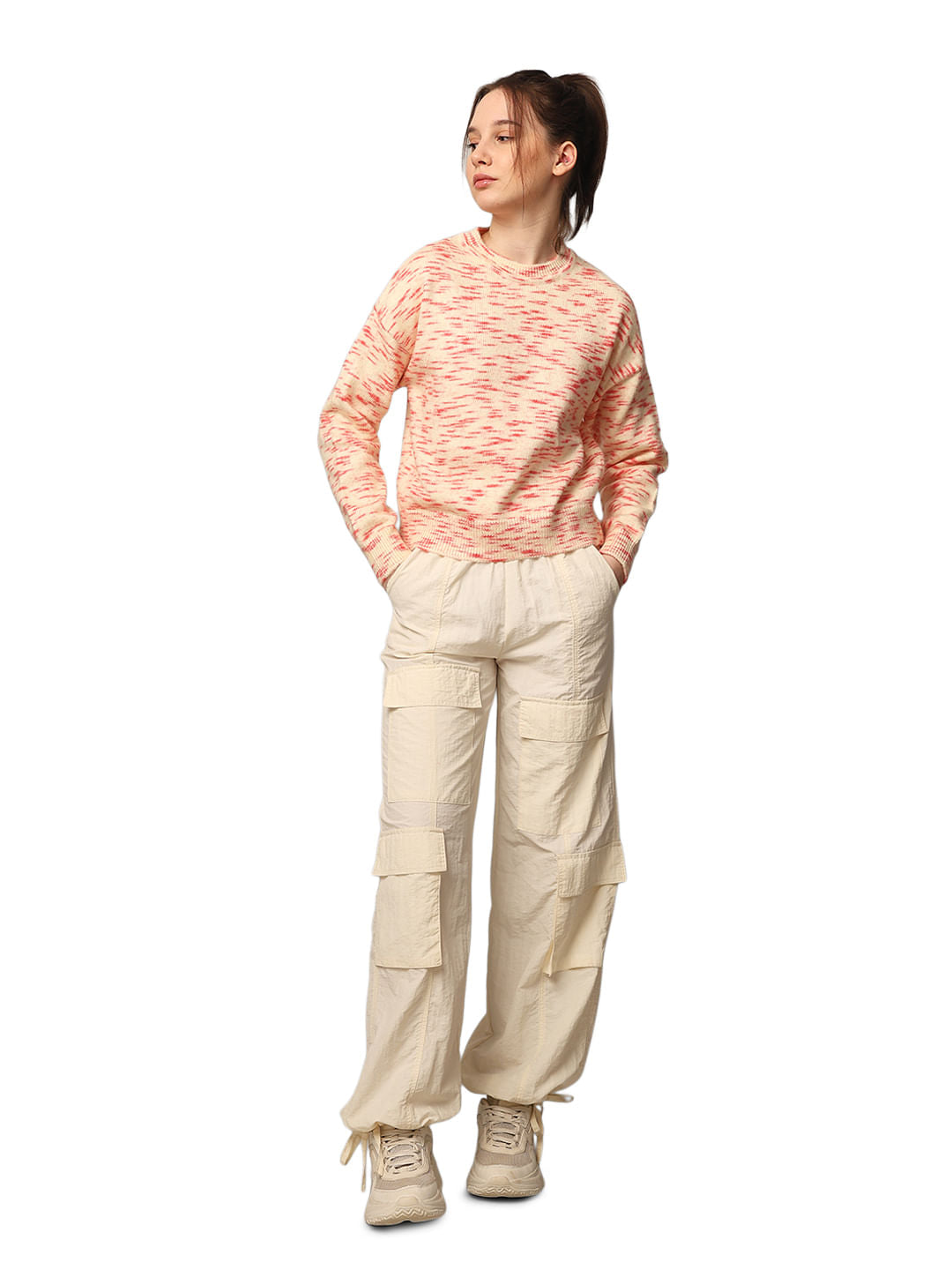 Beige Printed Rib-Knit Pullover