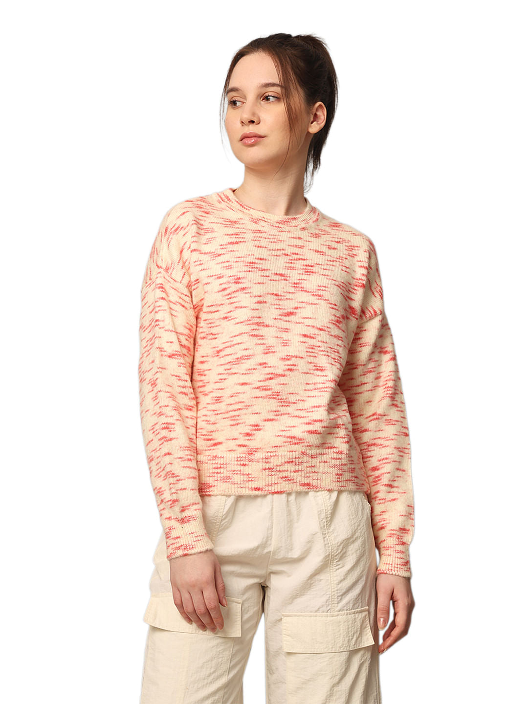 Beige Printed Rib-Knit Pullover