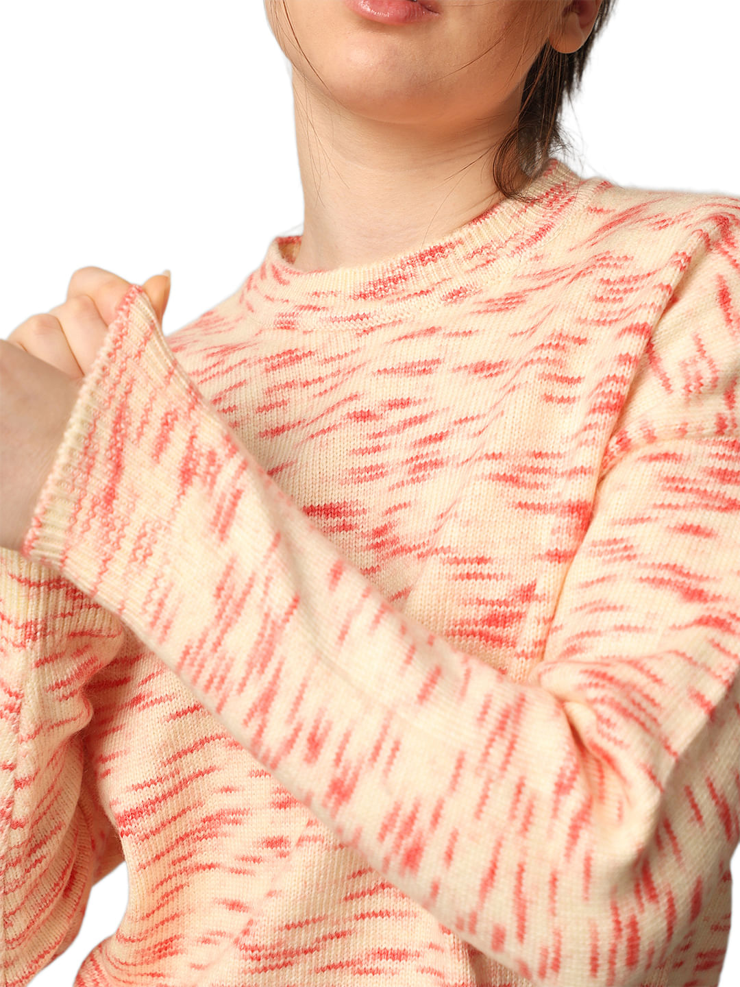 Beige Printed Rib-Knit Pullover