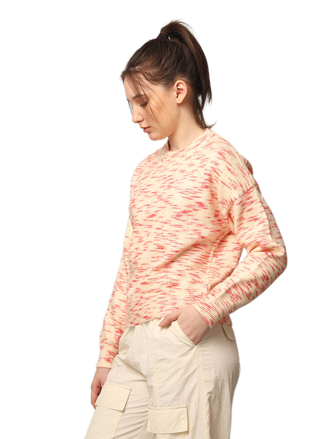 Beige Printed Rib-Knit Pullover