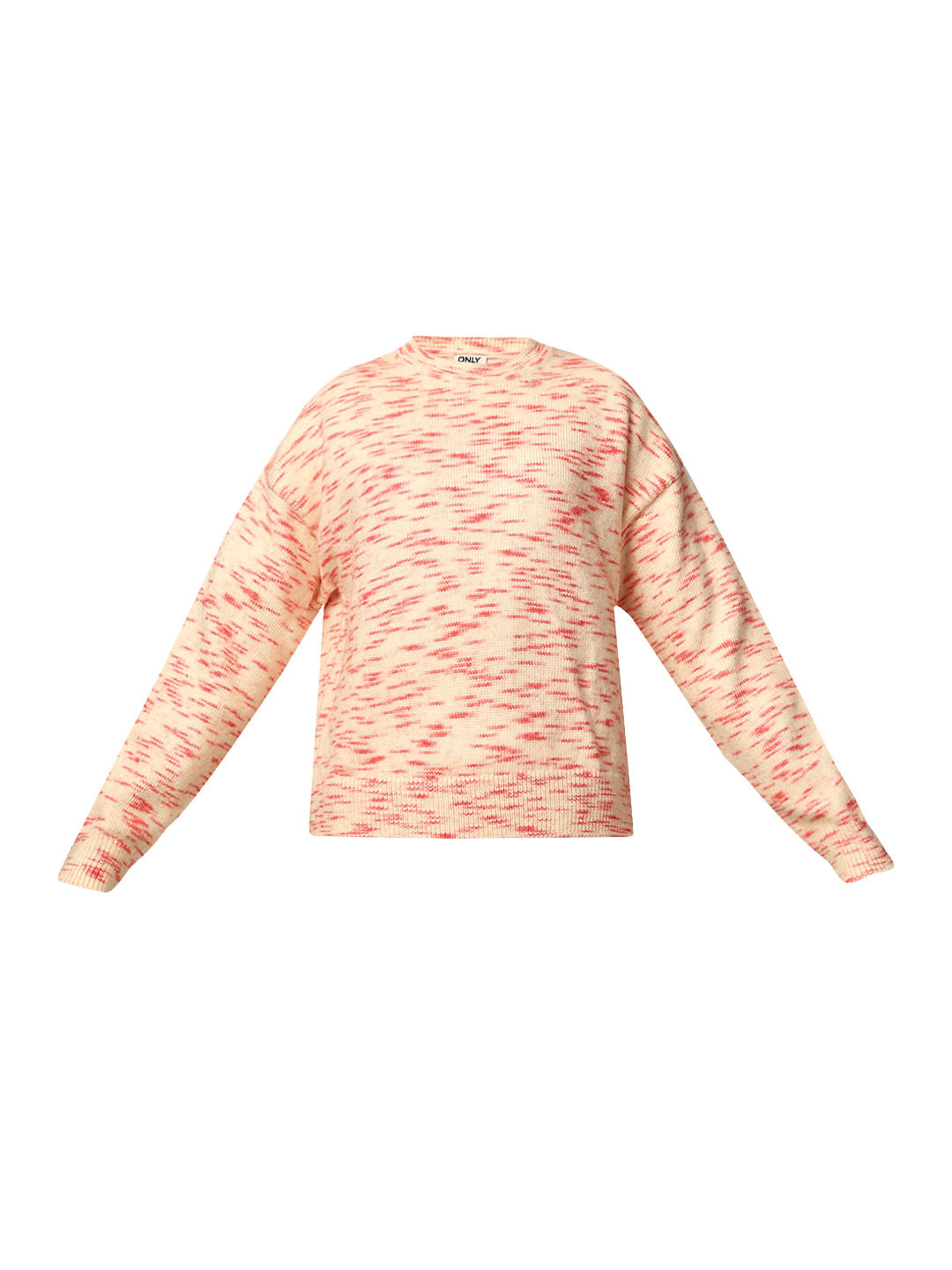 Beige Printed Rib-Knit Pullover