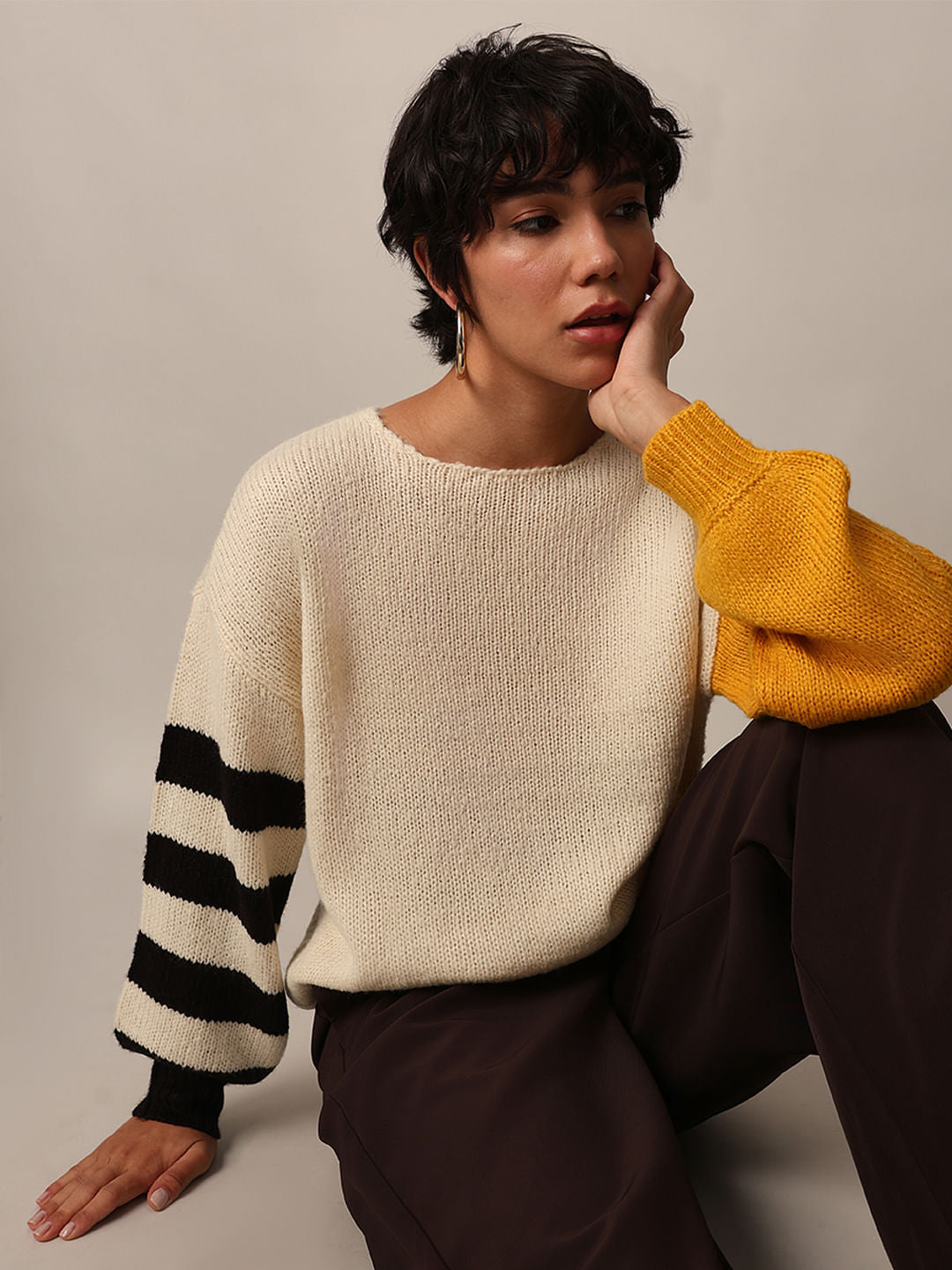 Beige Colourblocked Pullover