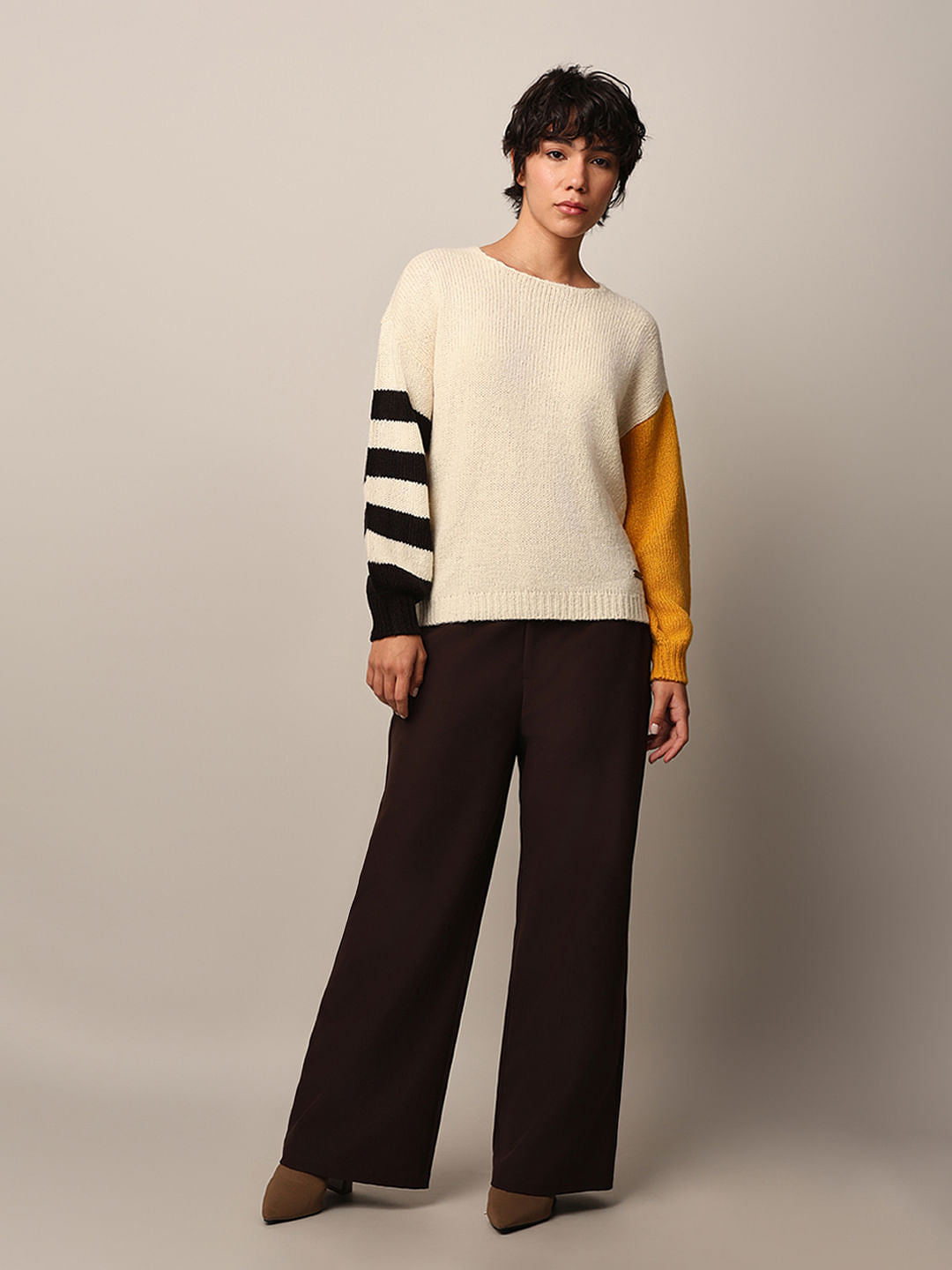 Beige Colourblocked Pullover