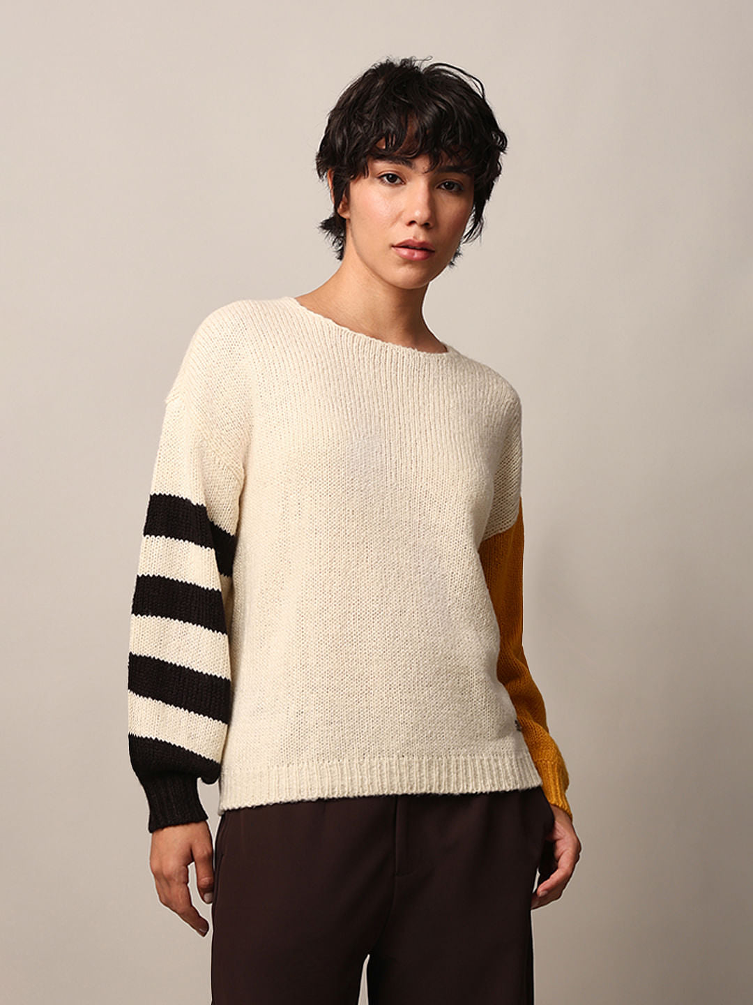 Beige Colourblocked Pullover