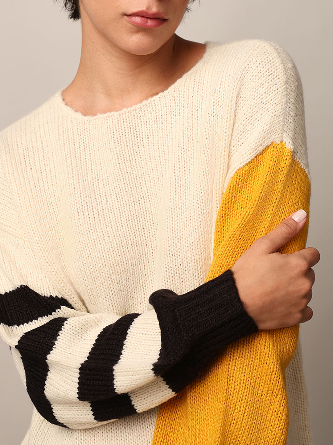 Beige Colourblocked Pullover