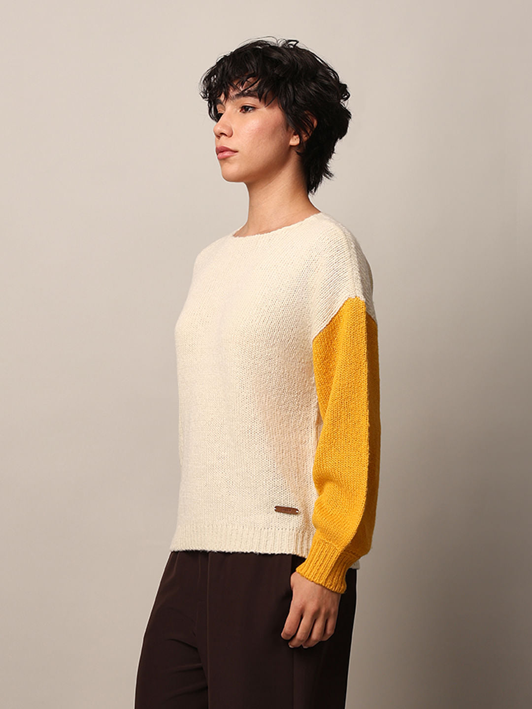 Beige Colourblocked Pullover