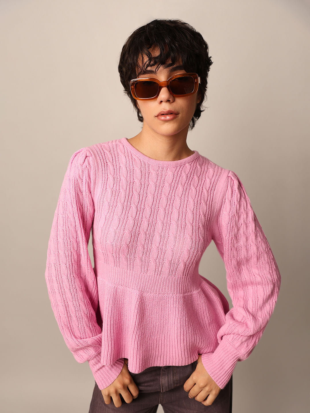 Pink Rib-Knit Peplum Pullover