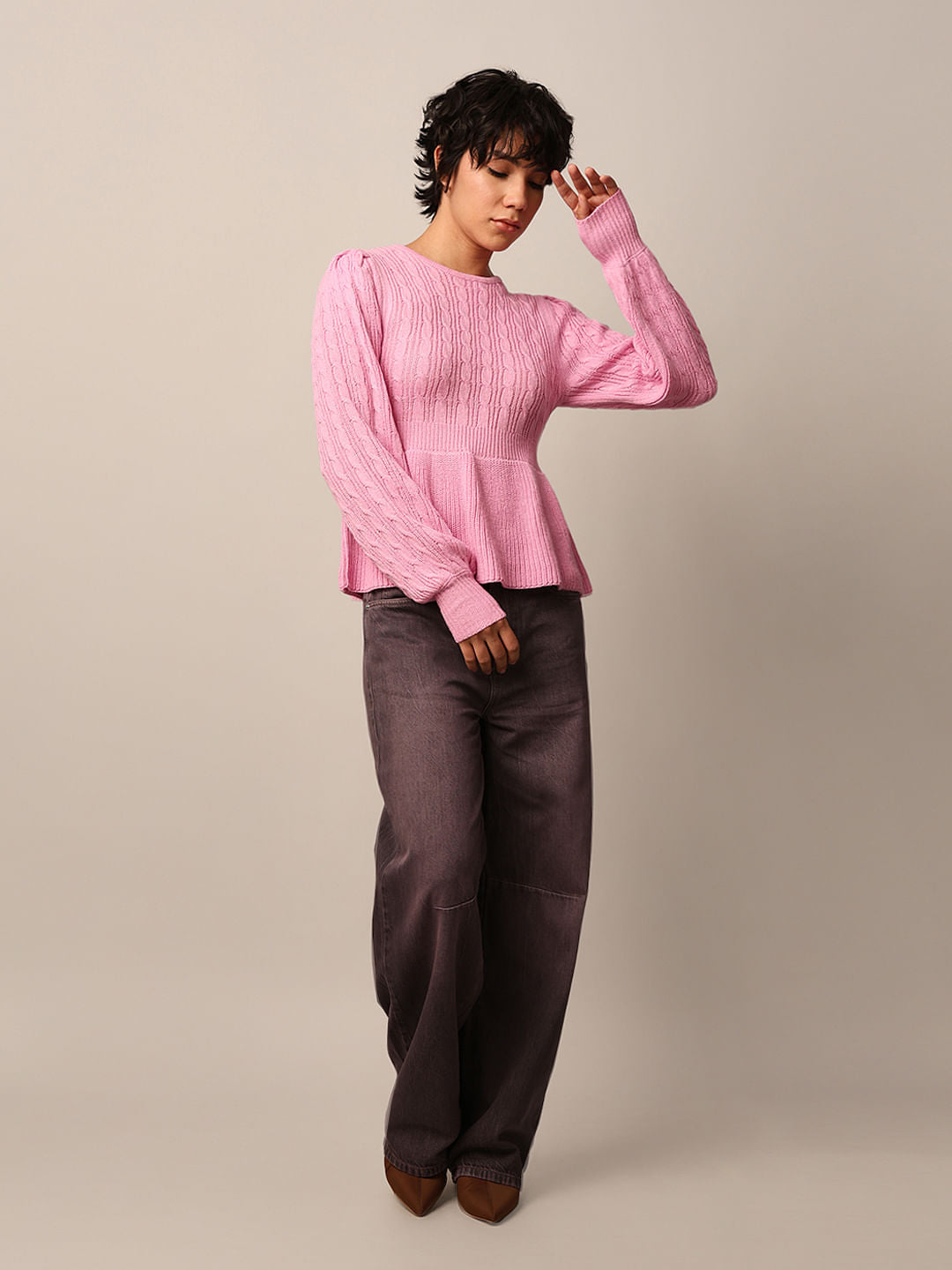 Pink Rib-Knit Peplum Pullover