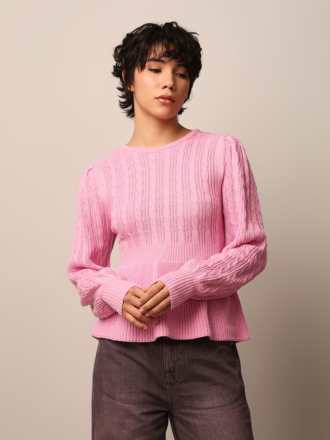 Pink Rib-Knit Peplum Pullover