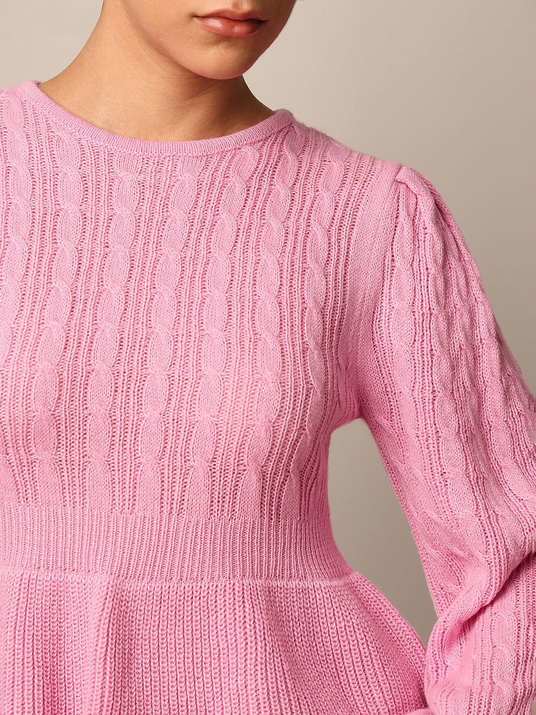 Pink Rib-Knit Peplum Pullover