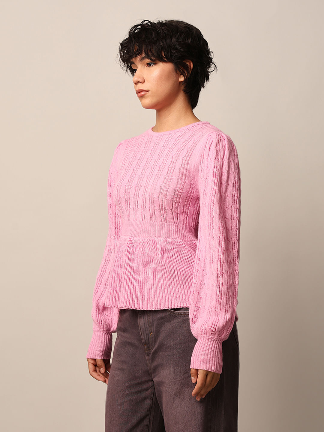 Pink Rib-Knit Peplum Pullover