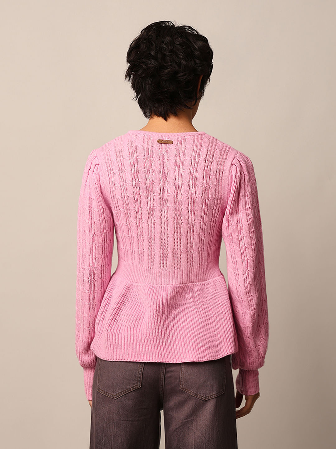 Pink Rib-Knit Peplum Pullover
