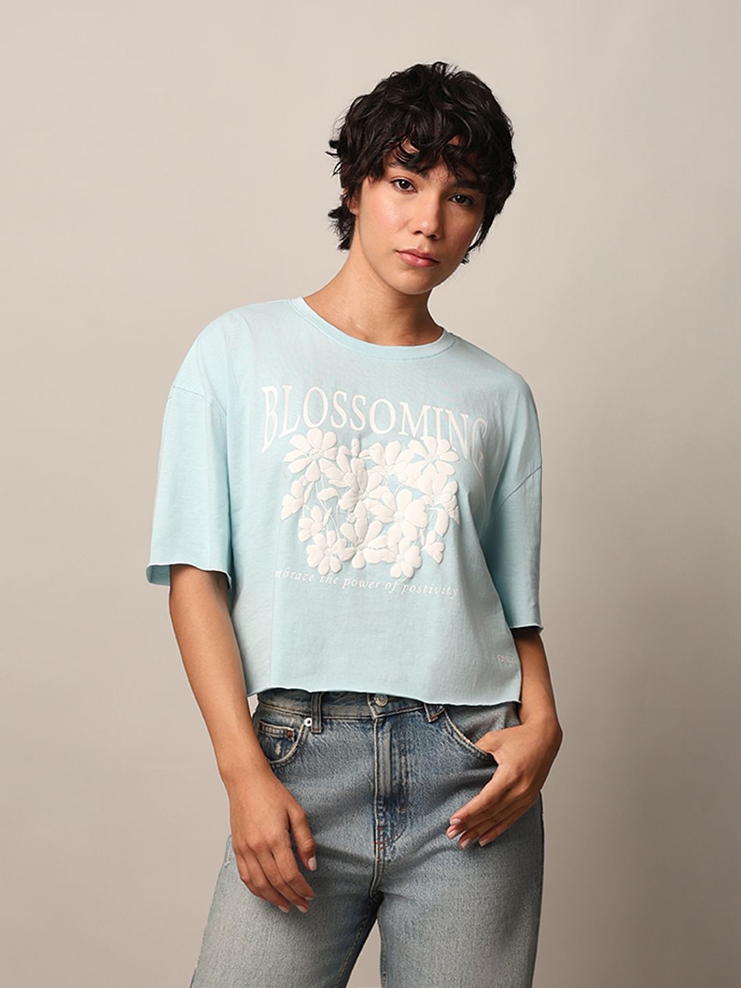 Blue Floral Boxy Fit Cropped T-Shirt