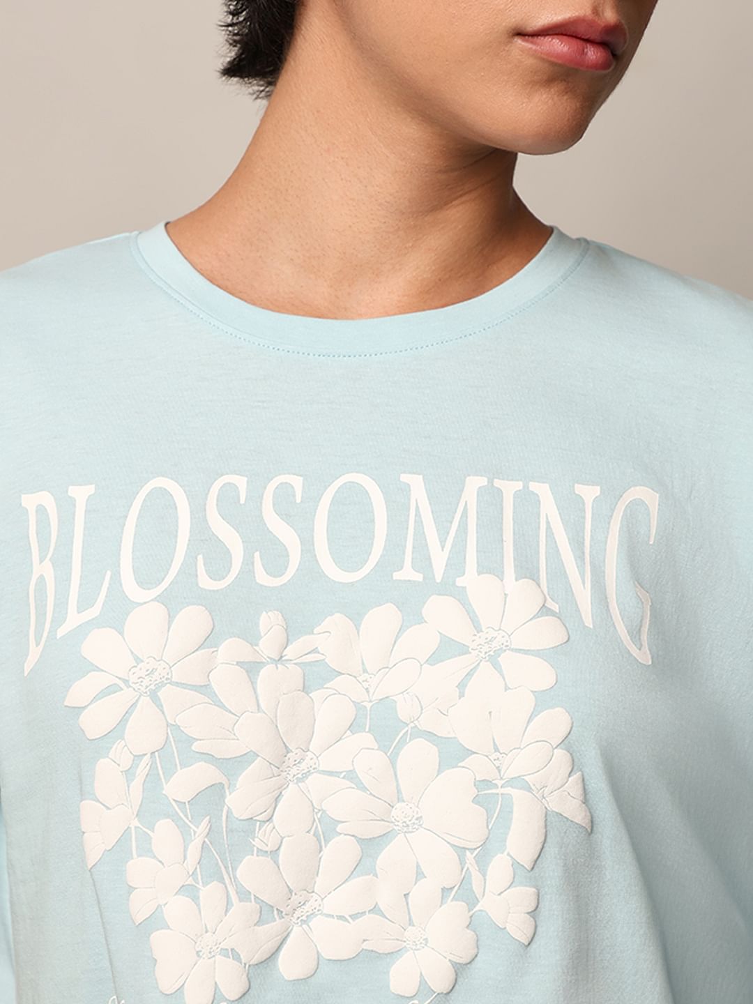 Blue Floral Boxy Fit Cropped T-Shirt