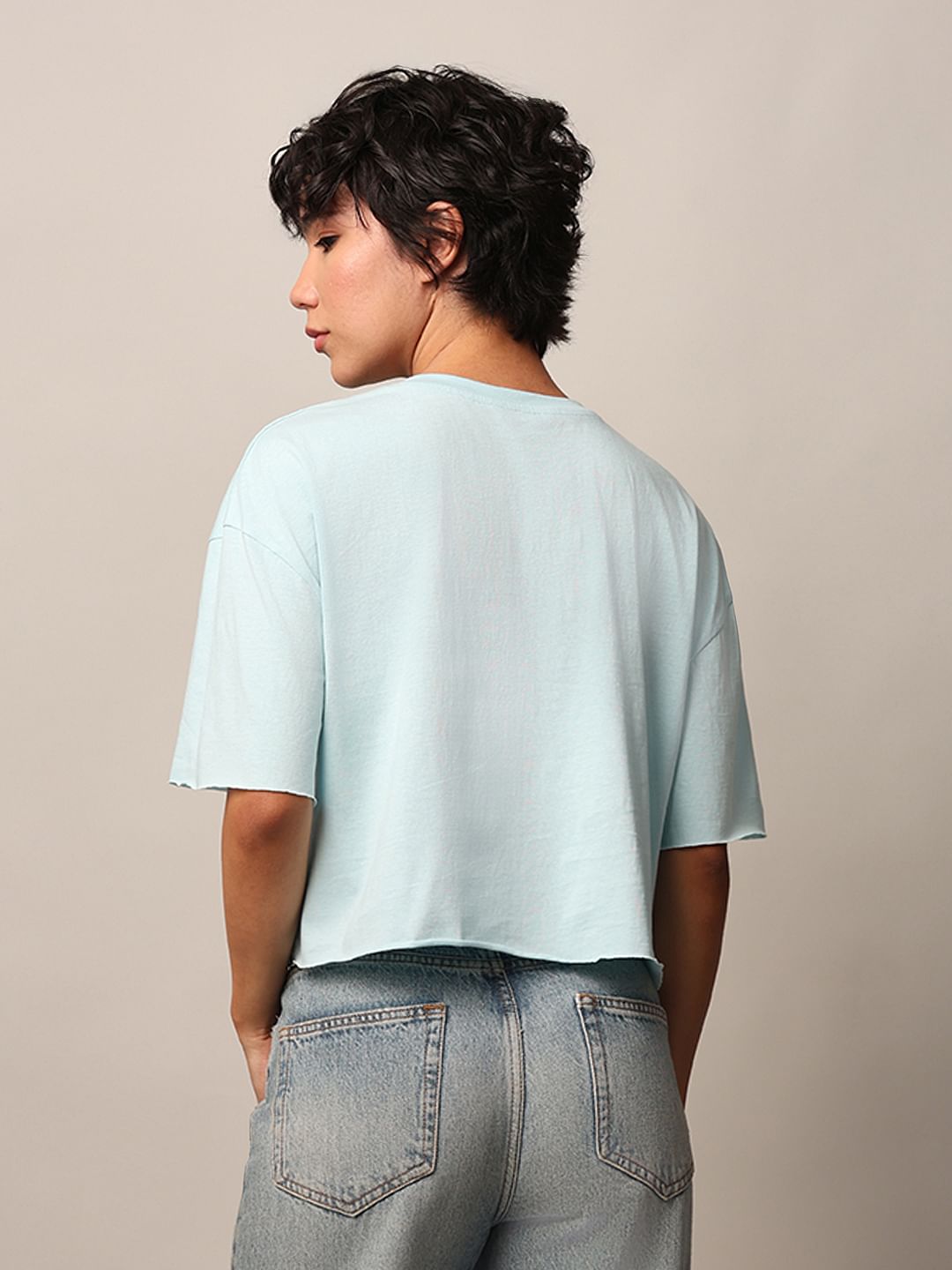 Blue Floral Boxy Fit Cropped T-Shirt