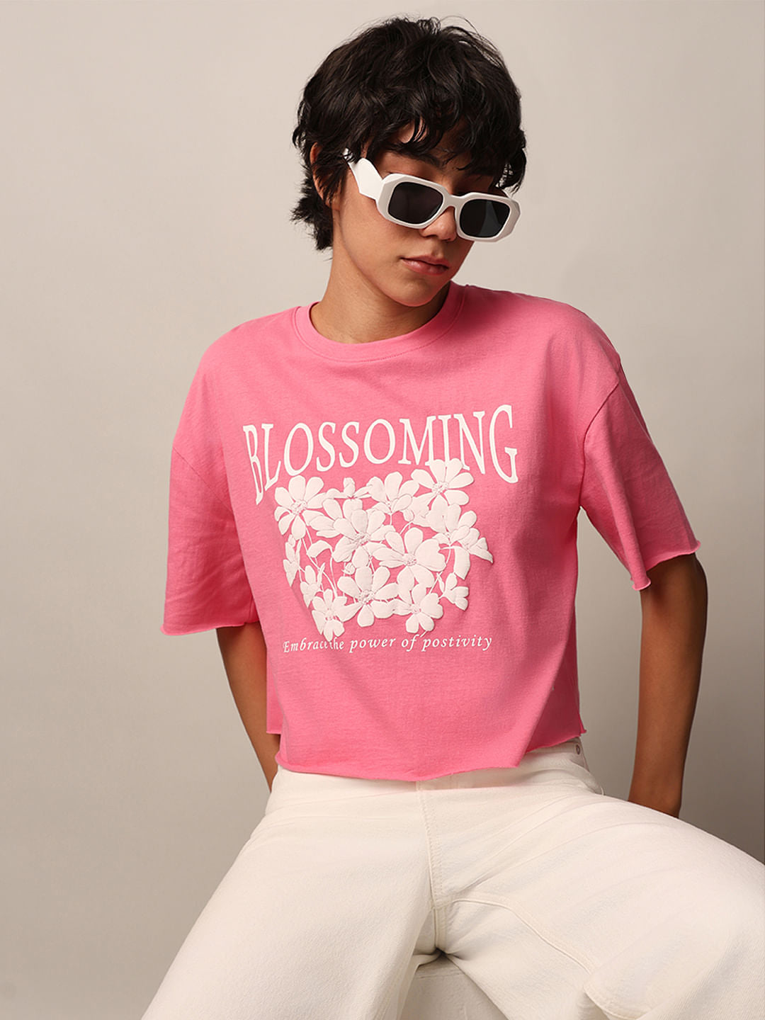 Pink Floral Boxy Fit Cropped T-Shirt