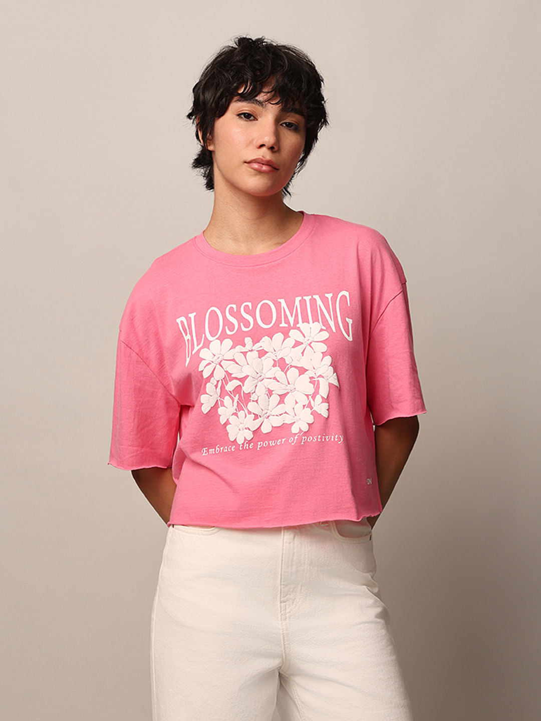 Pink Floral Boxy Fit Cropped T-Shirt