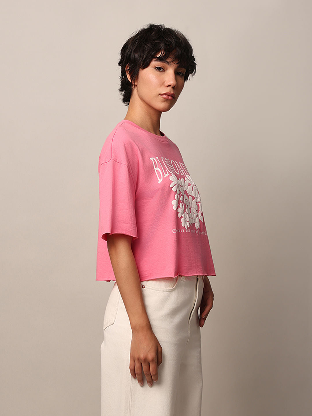 Pink Floral Boxy Fit Cropped T-Shirt