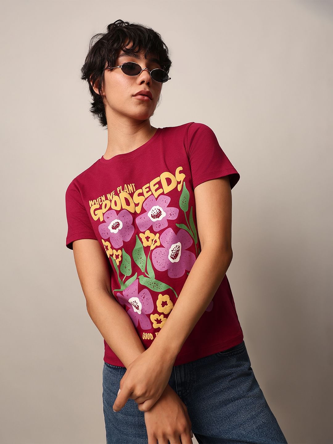 Maroon Floral Print T-Shirt