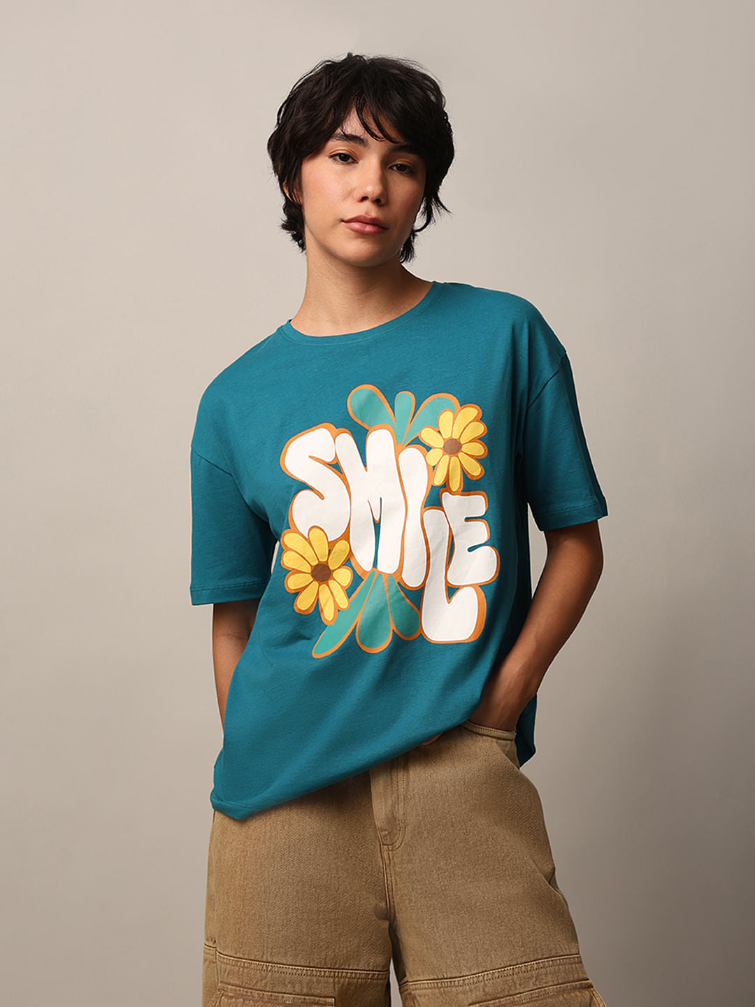 Teal Blue Printed T-Shirt