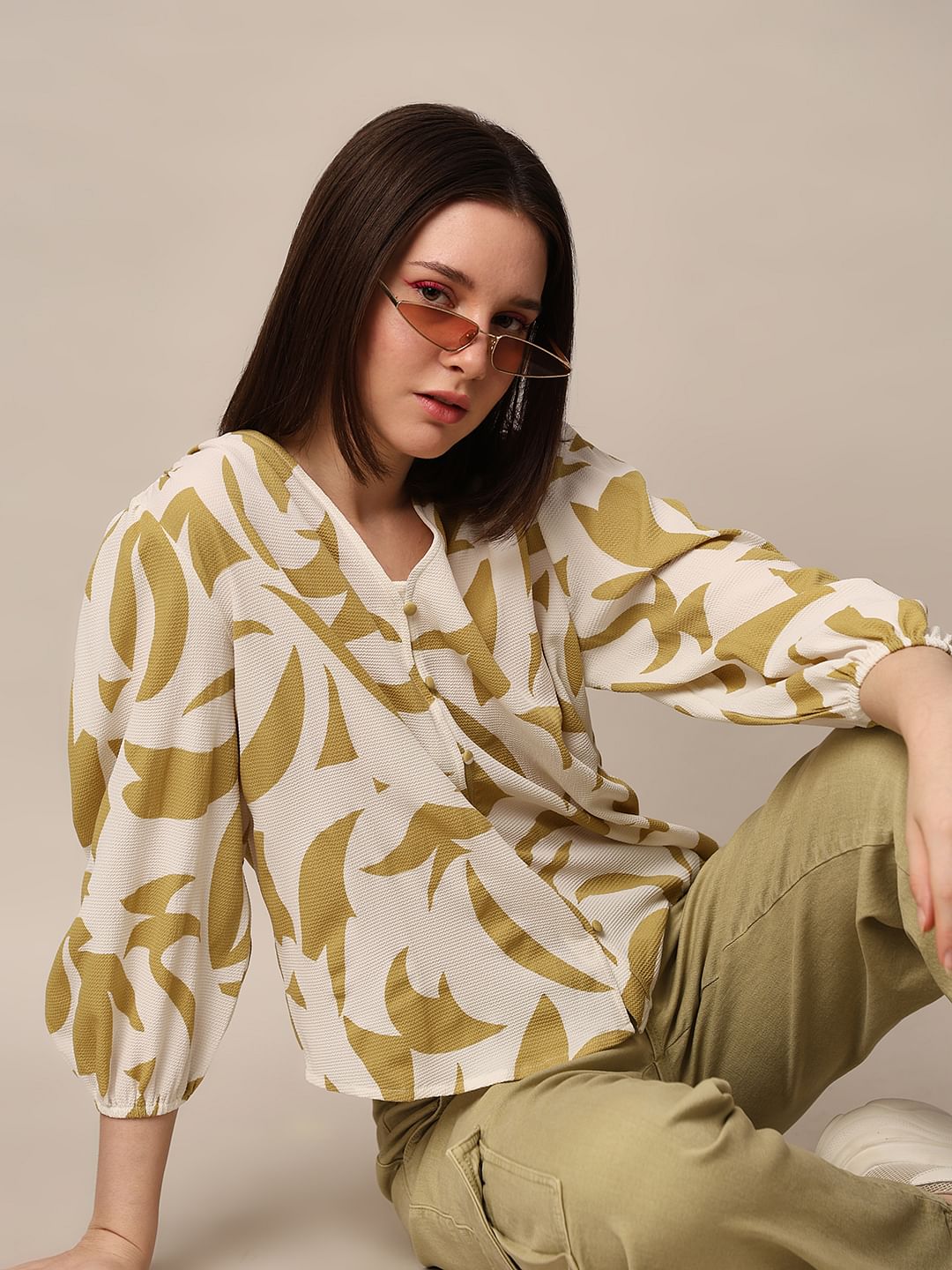 Beige Printed Crepe Top