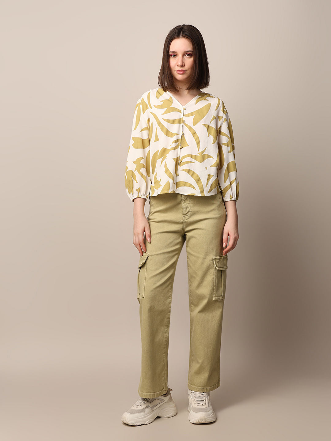 Beige Printed Crepe Top