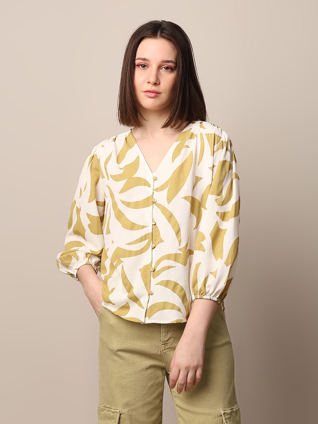 Beige Printed Crepe Top