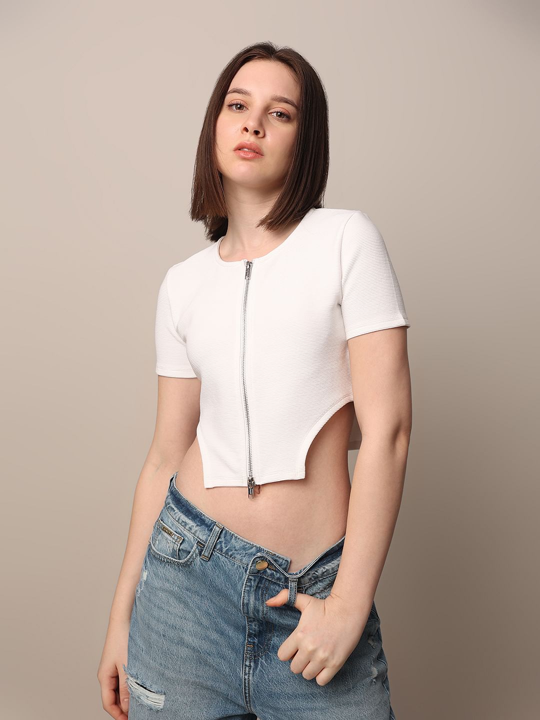 White Zip-Top Cropped T-Shirt - XS
