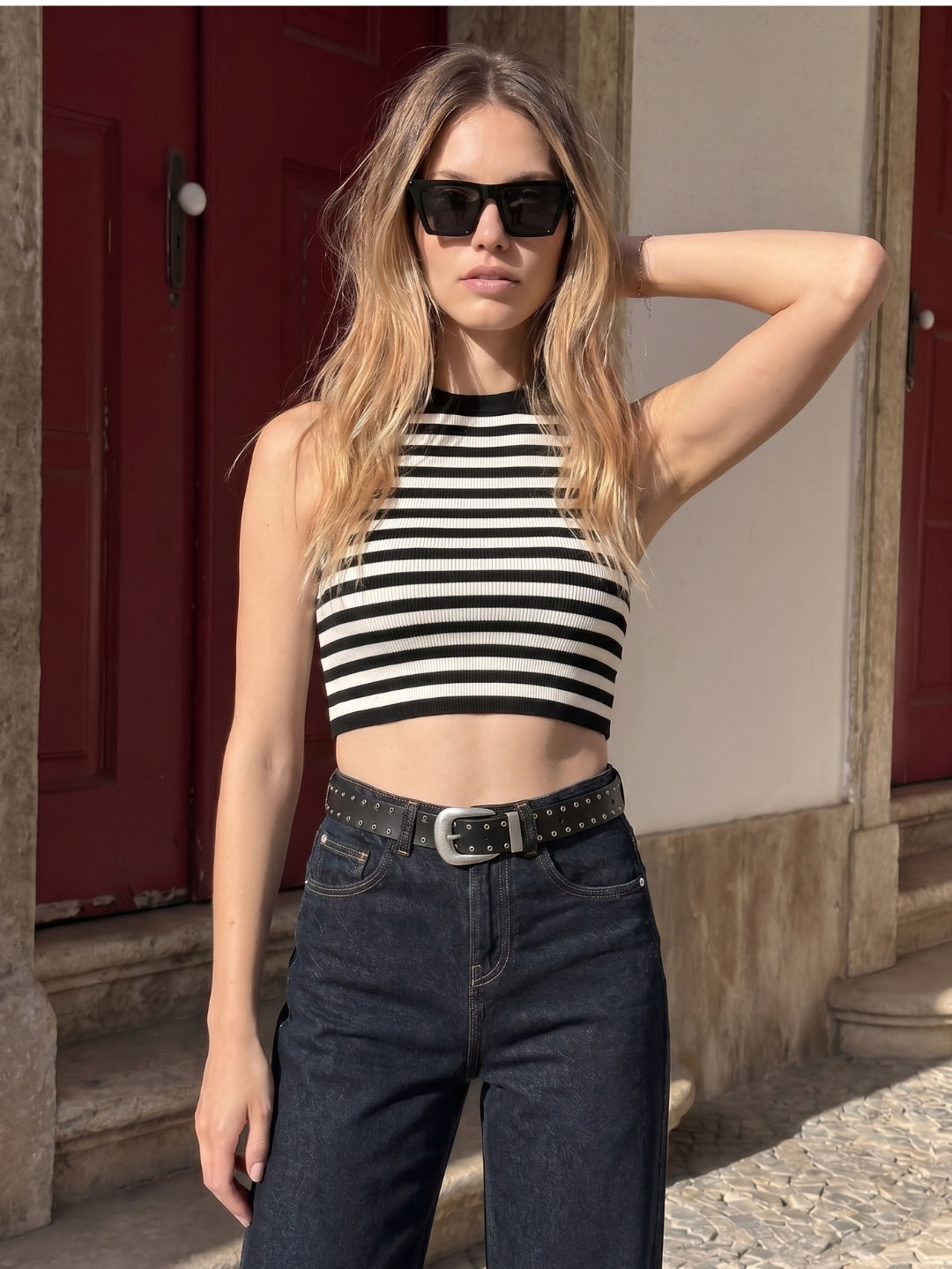 Black Striped Knitted Crop Top
