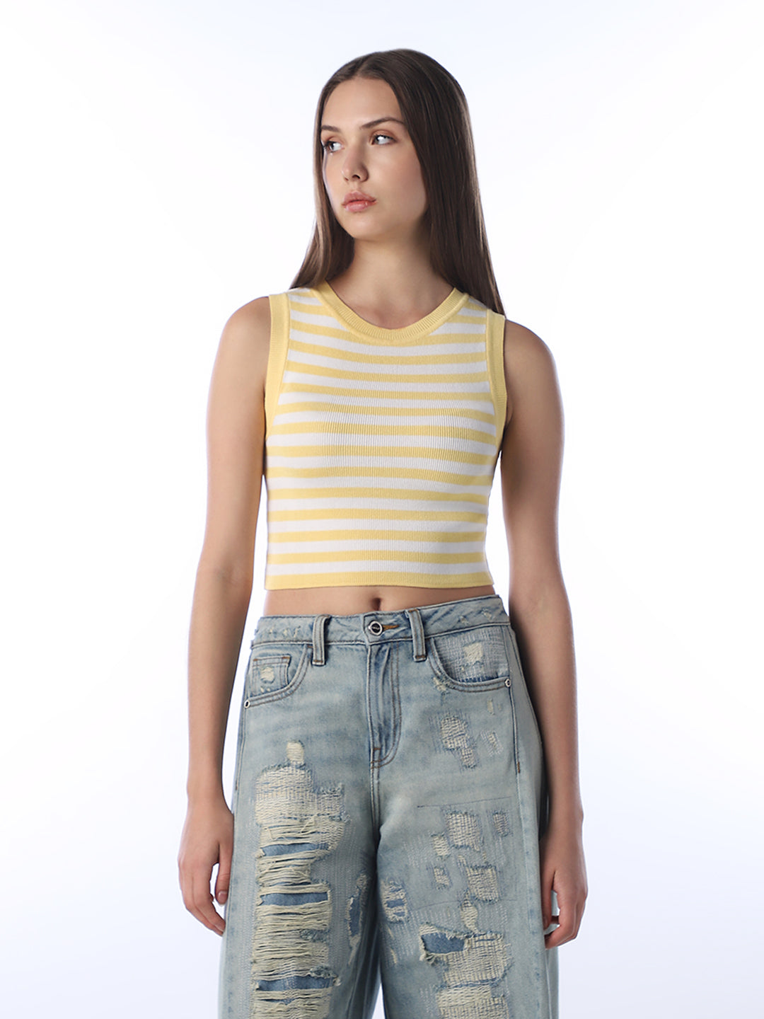 Cropped Striped Ribbed Tank Top - Yellow