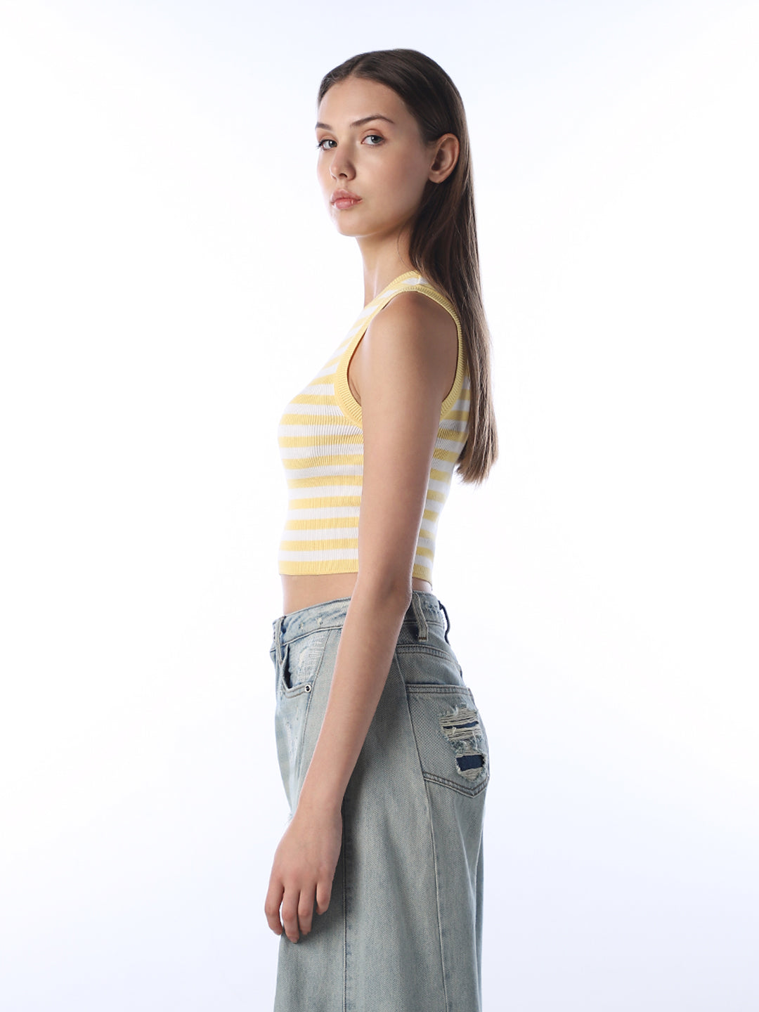Cropped Striped Ribbed Tank Top - Yellow