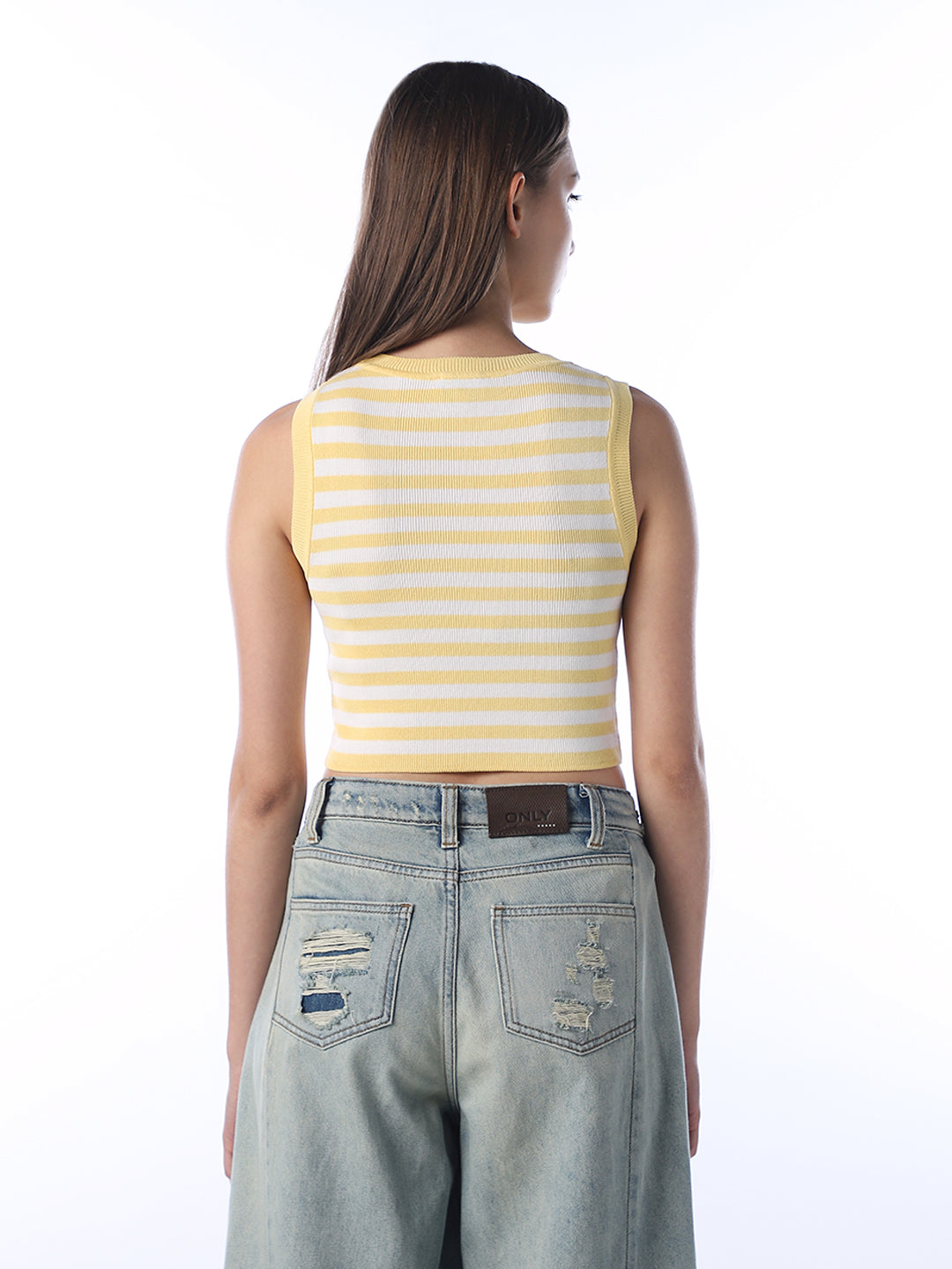 Cropped Striped Ribbed Tank Top - Yellow