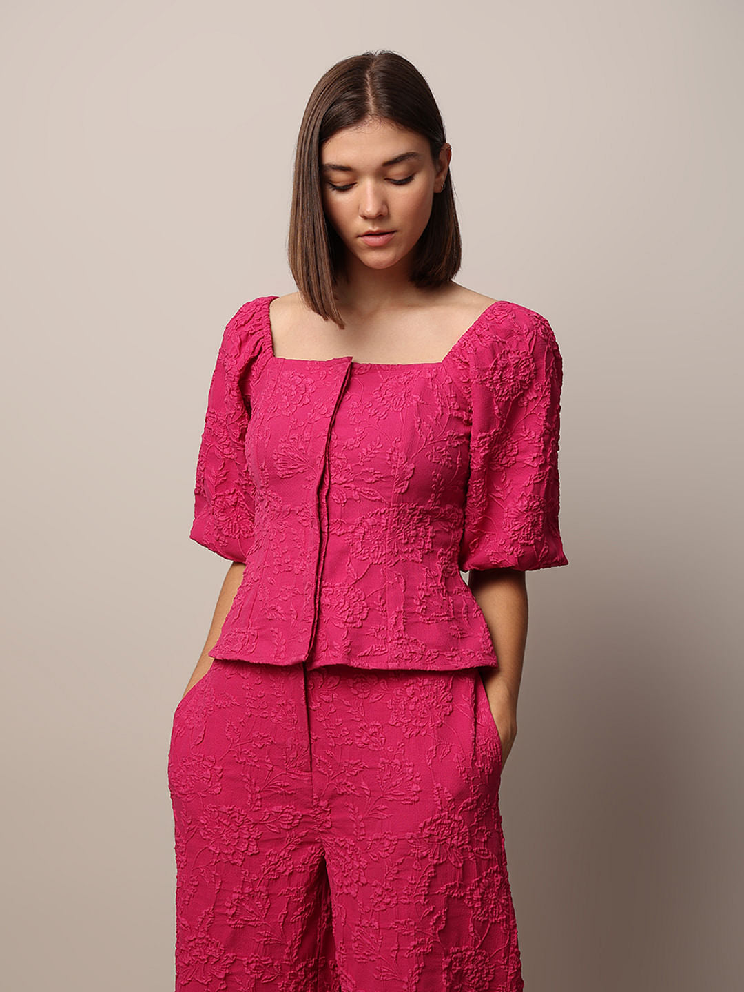 Dark Pink Puff Sleeves Co-Ord Set Top
