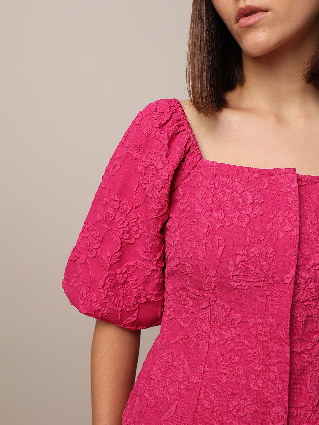 Dark Pink Puff Sleeves Co-Ord Set Top