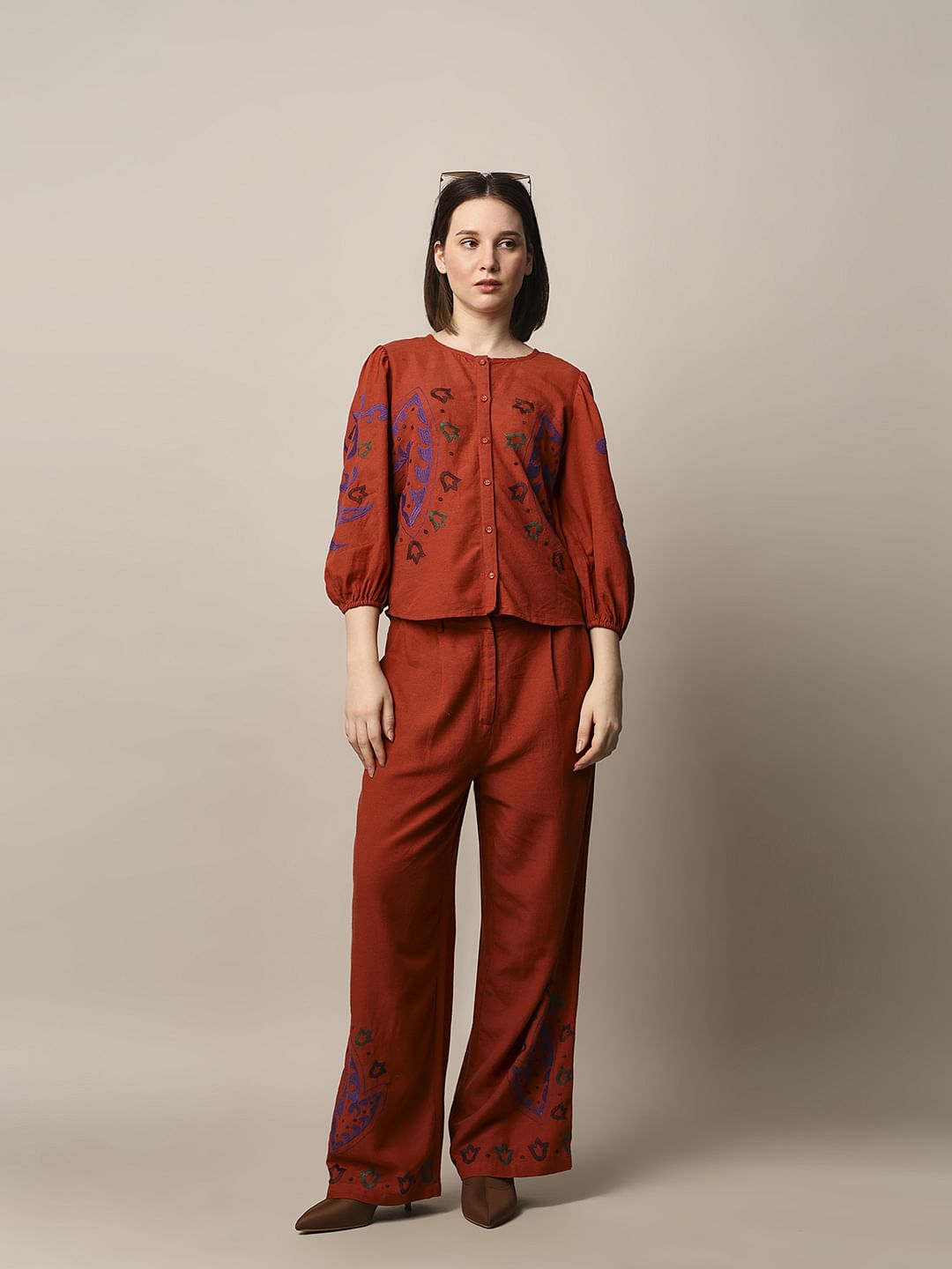 Rust Embroidered Pants - 26