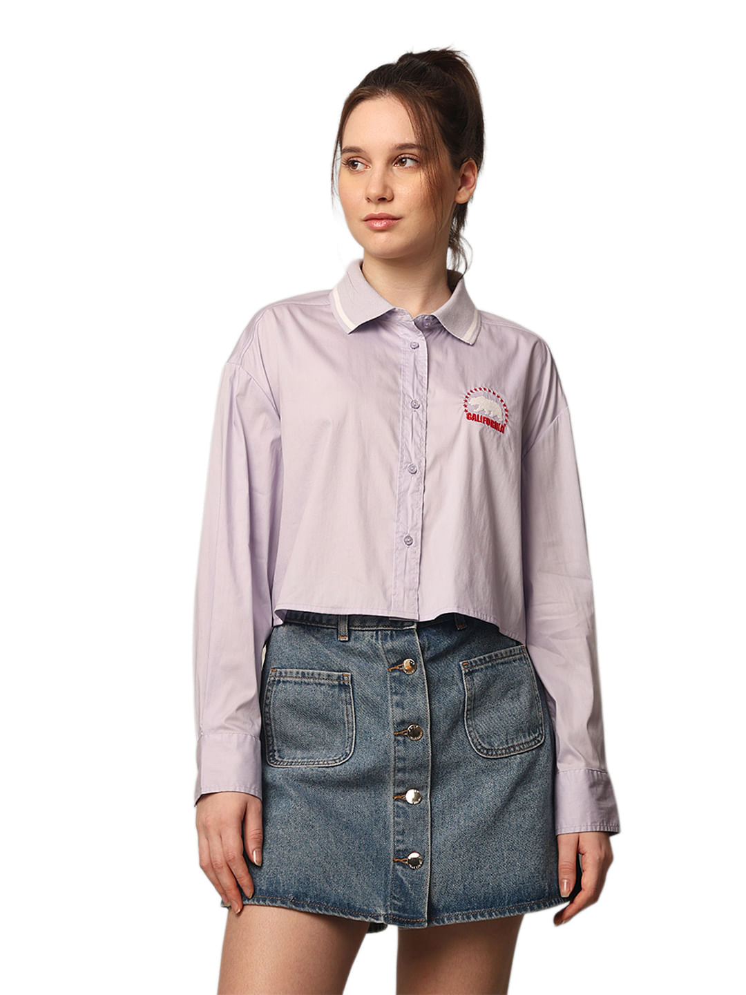 Purple Printed Cropped Shirt