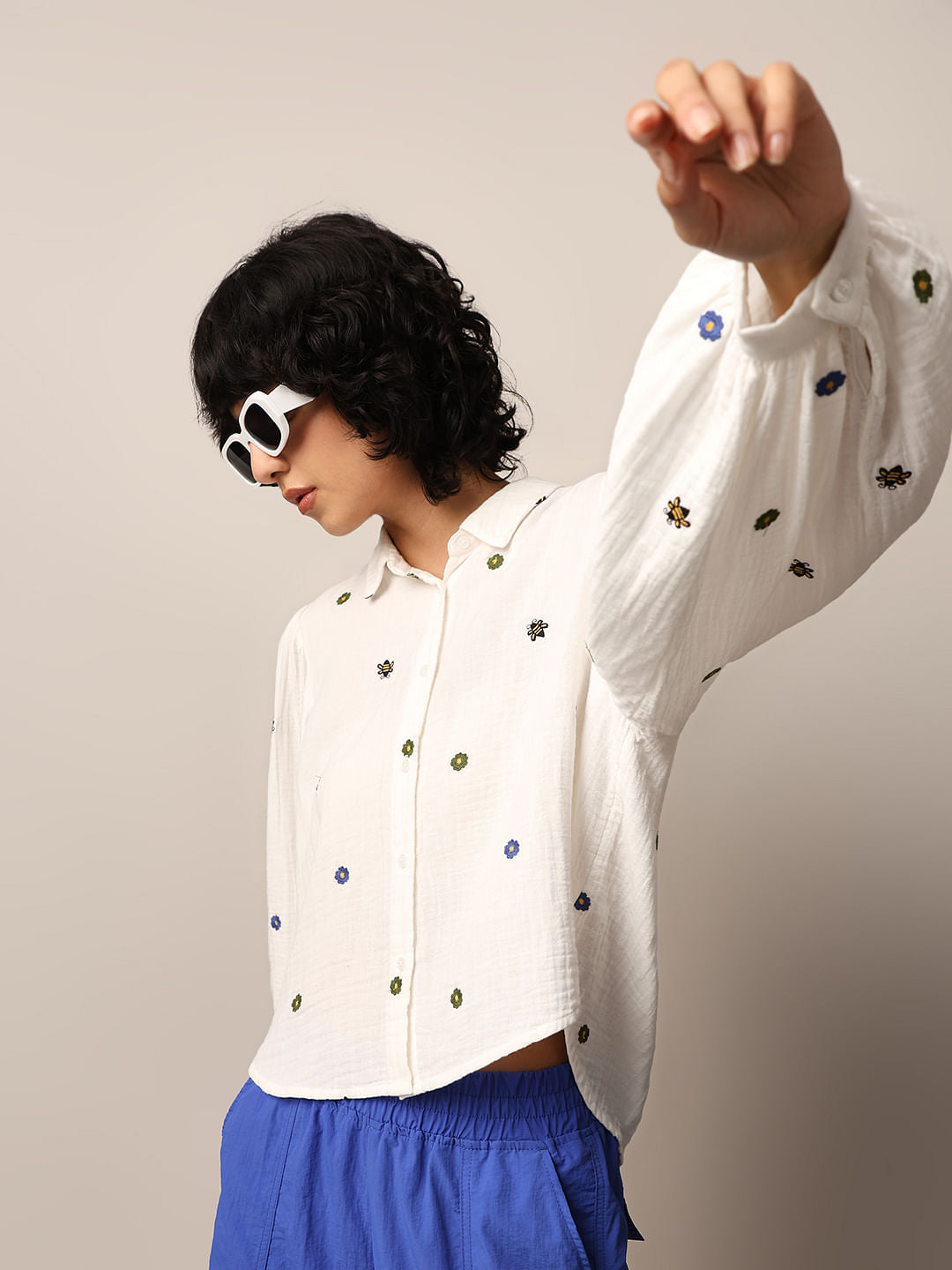 White Embroidered Honey Bee Cotton Shirt