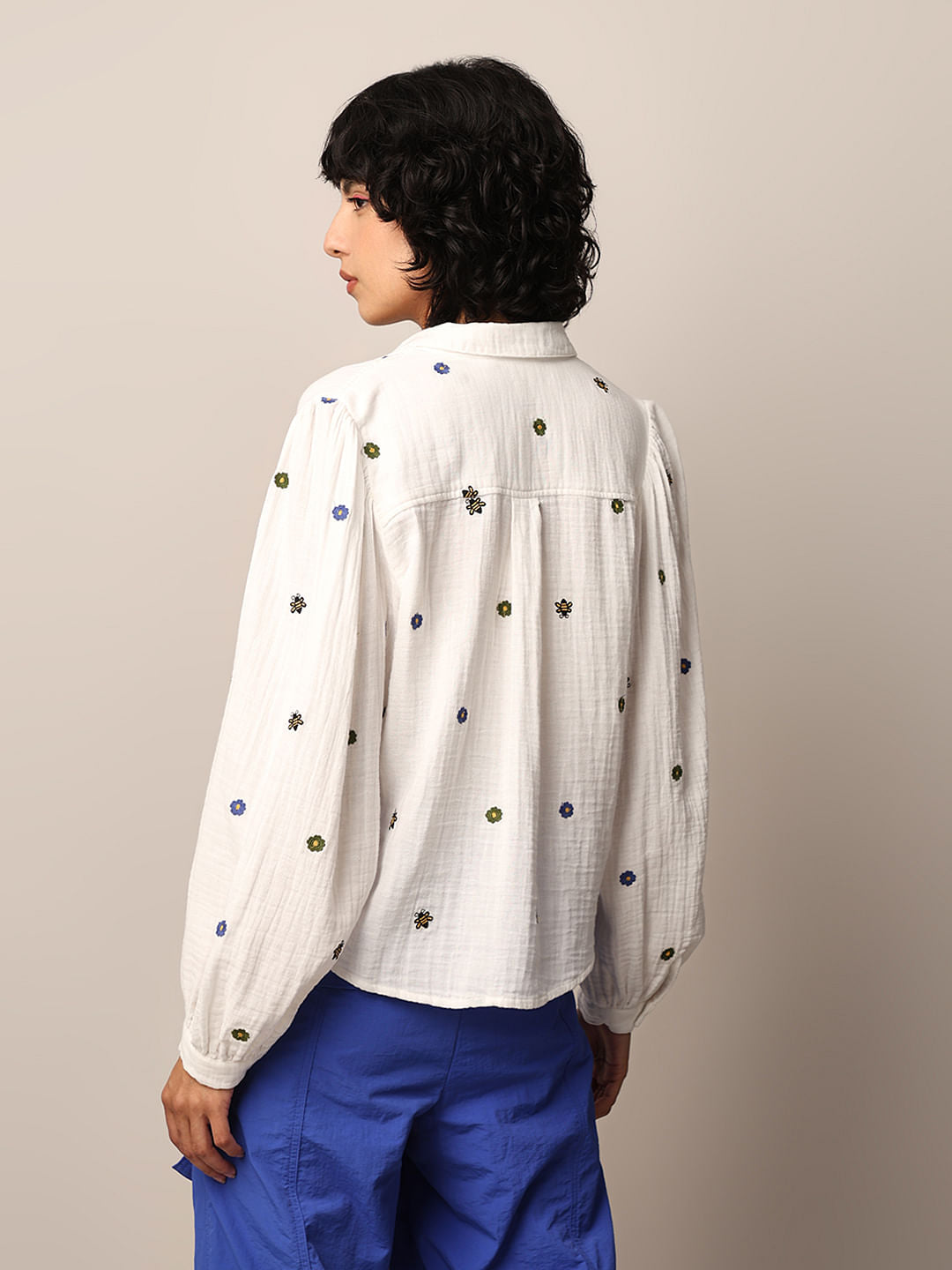 White Embroidered Honey Bee Cotton Shirt