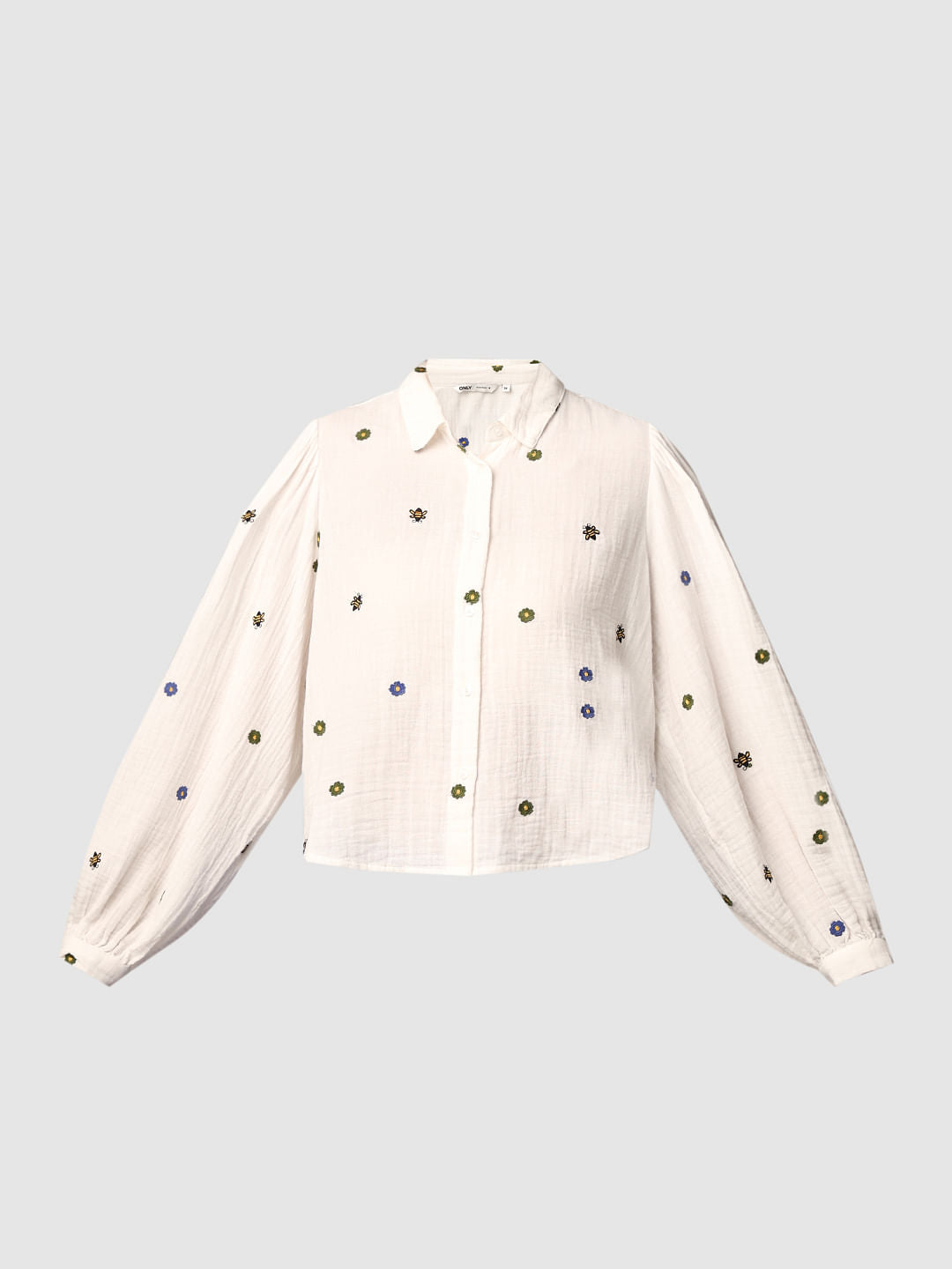 White Embroidered Honey Bee Cotton Shirt
