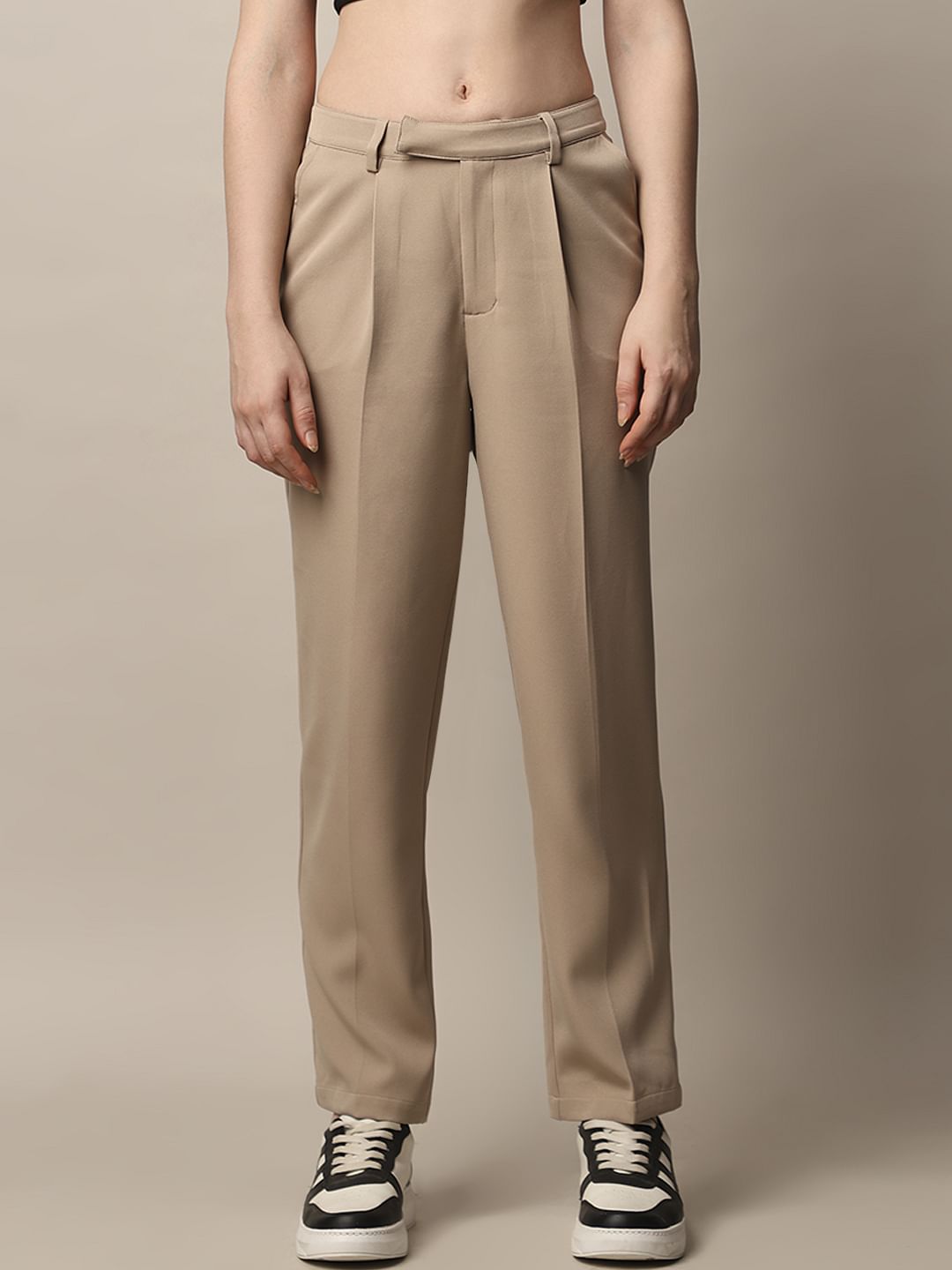 Beige High Rise Tailored Pants
