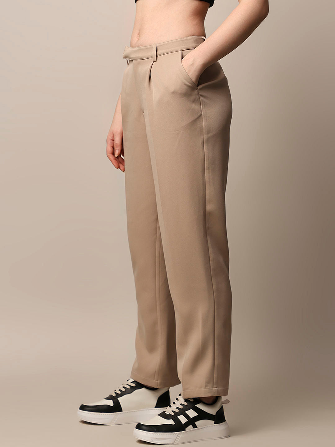 Beige High Rise Tailored Pants