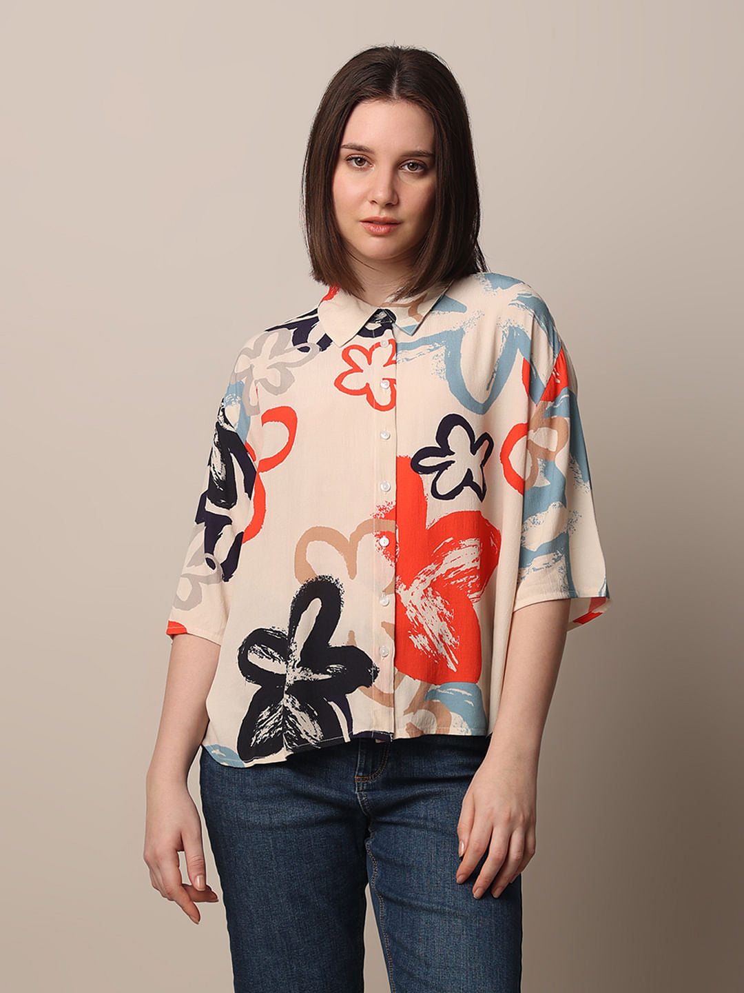 Beige Printed Viscose Shirt