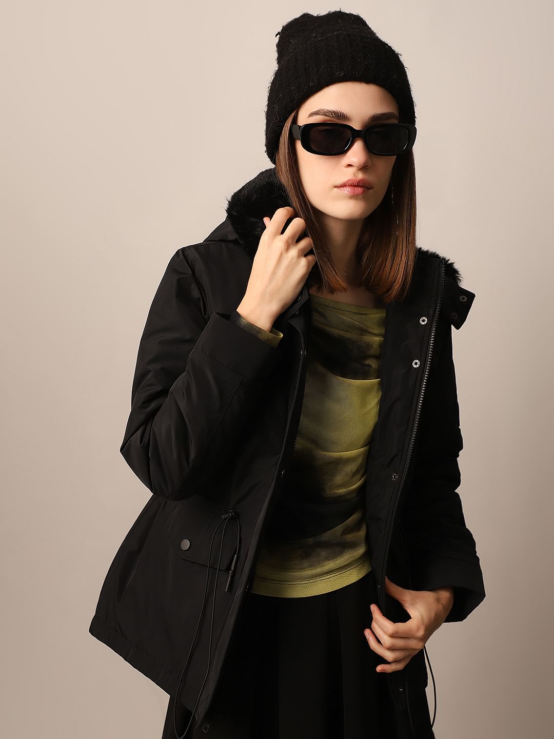 Black Faux Fur Hooded Jacket - 34