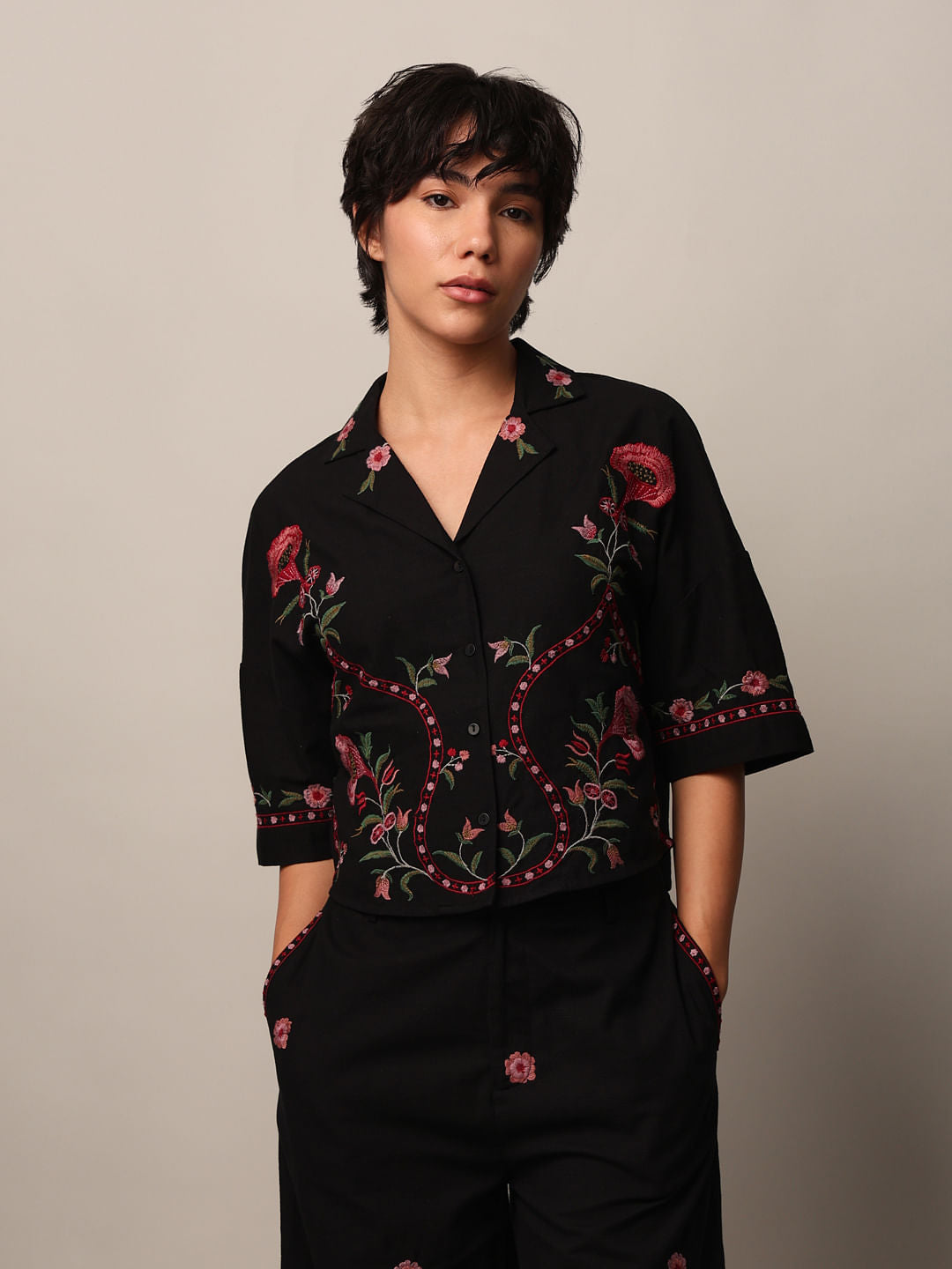Black Embroidered Co-Ord Set Shirt